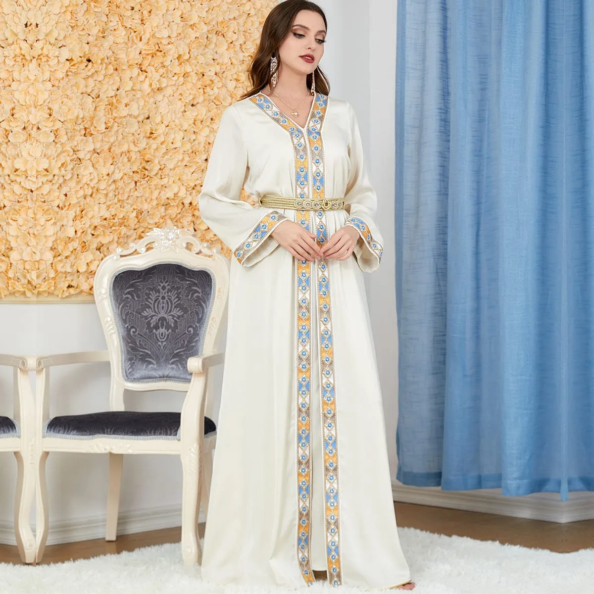 🌙 Women's Arabian Dress Slit V-Neck Long-Sleeved Two-Piece - Chic Elegance 🌙