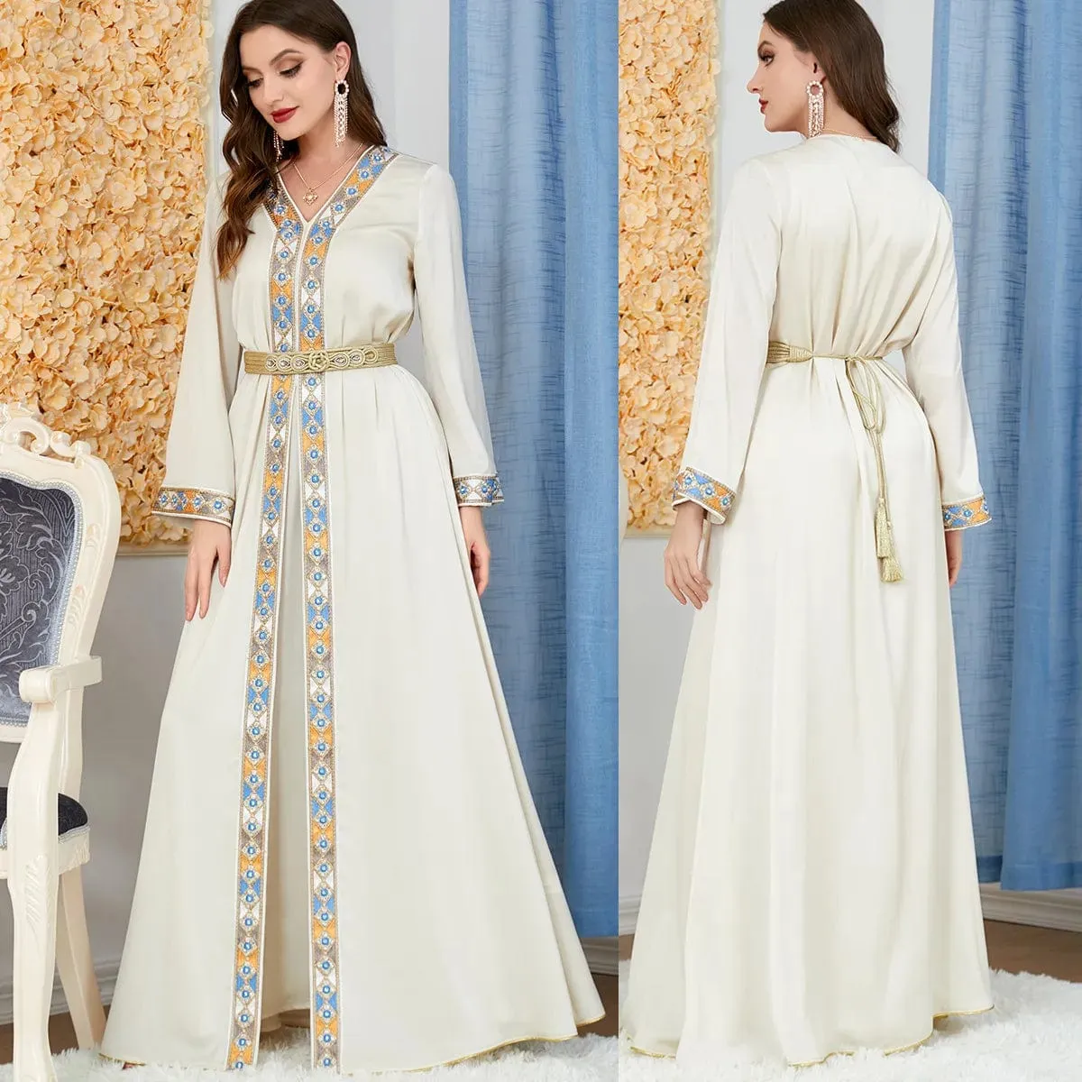 🌙 Women's Arabian Dress Slit V-Neck Long-Sleeved Two-Piece - Chic Elegance 🌙