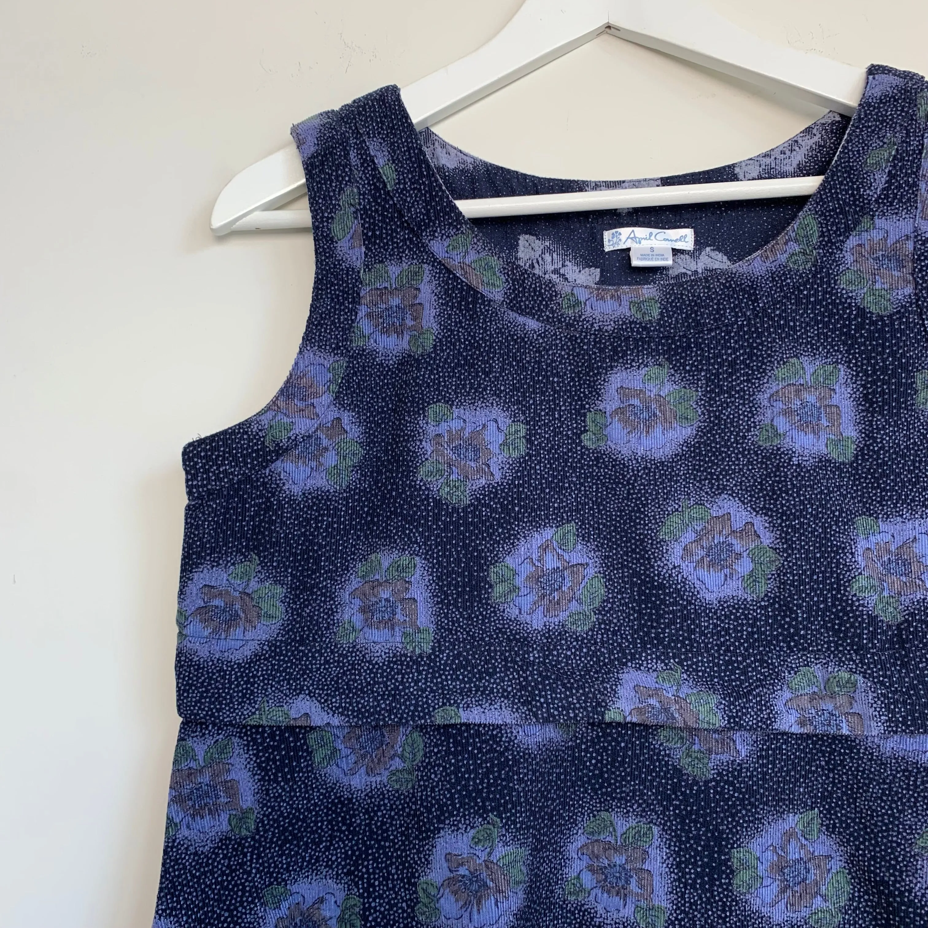 April Cornell Corduroy Mini Dress Jumper Navy Blue Floral Size Small