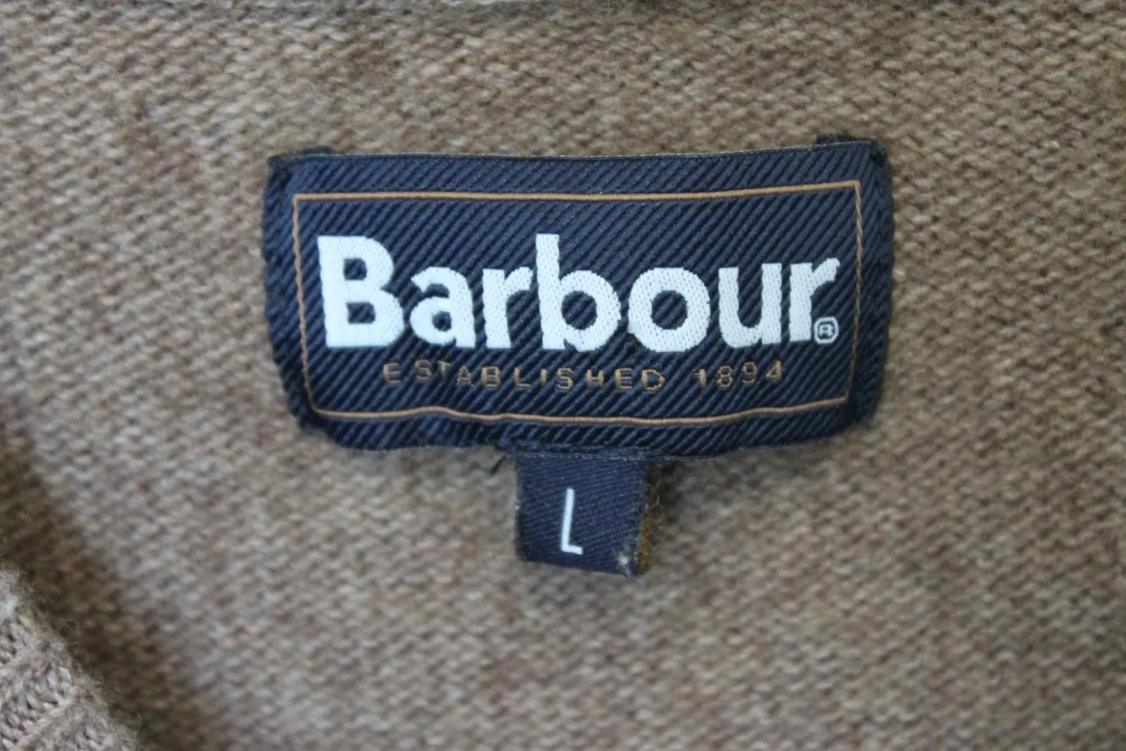 BARBOUR Menâs Brown Wool Long Sleeve Crew Neck Elbow Pad Knitted Jumper Size L
