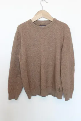 BARBOUR Menâs Brown Wool Long Sleeve Crew Neck Elbow Pad Knitted Jumper Size L