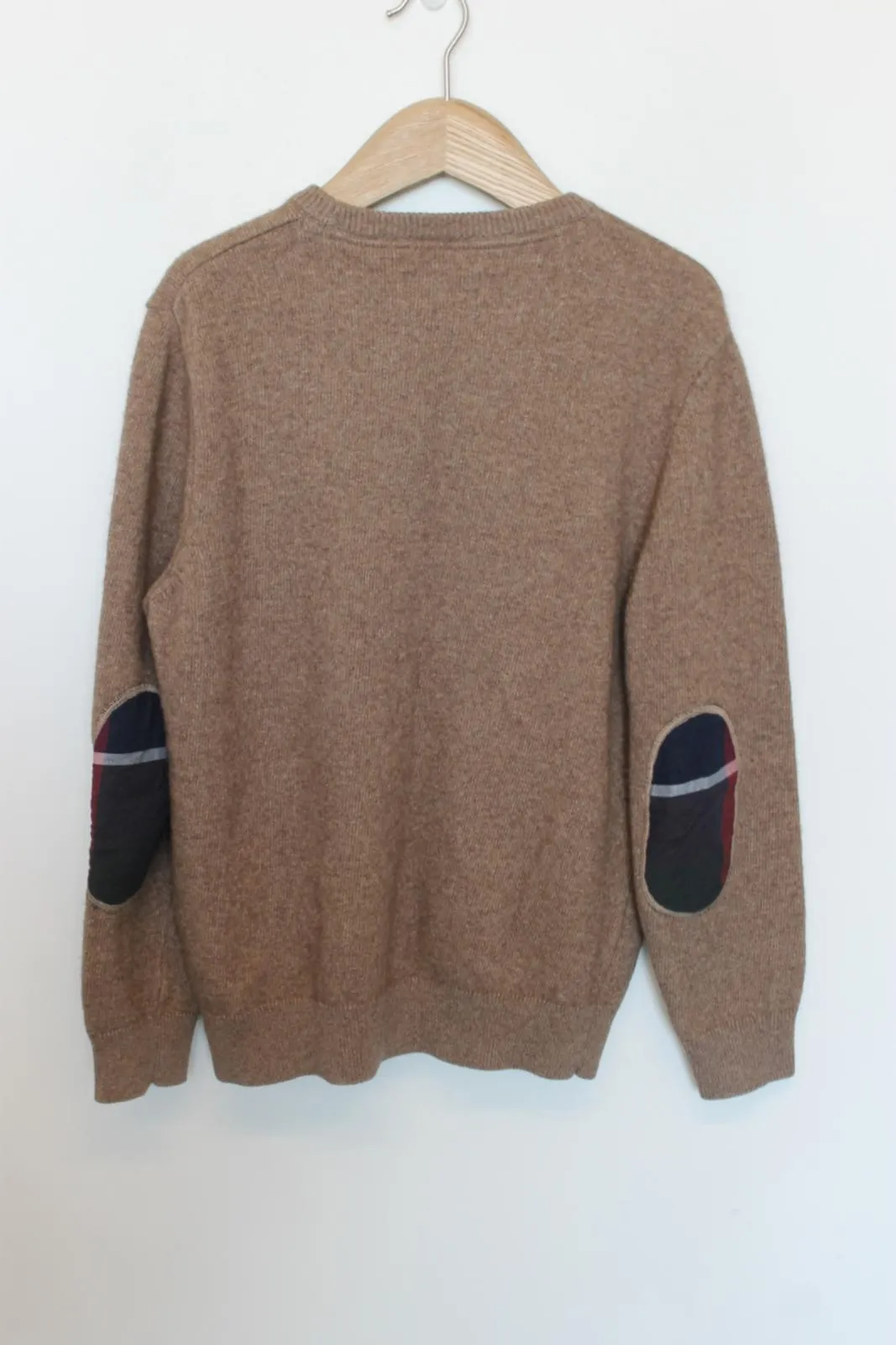 BARBOUR Menâs Brown Wool Long Sleeve Crew Neck Elbow Pad Knitted Jumper Size L