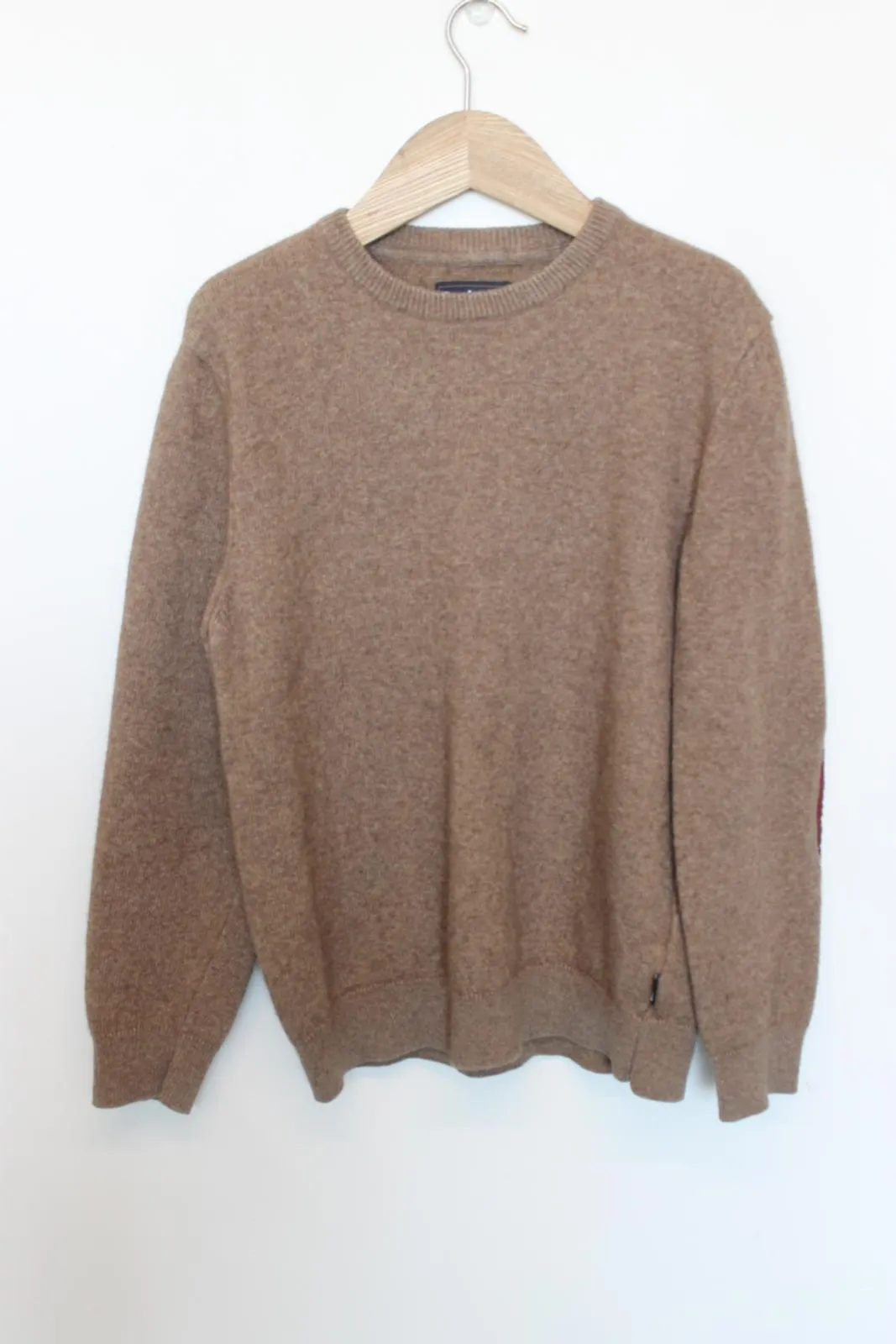 BARBOUR Menâs Brown Wool Long Sleeve Crew Neck Elbow Pad Knitted Jumper Size L