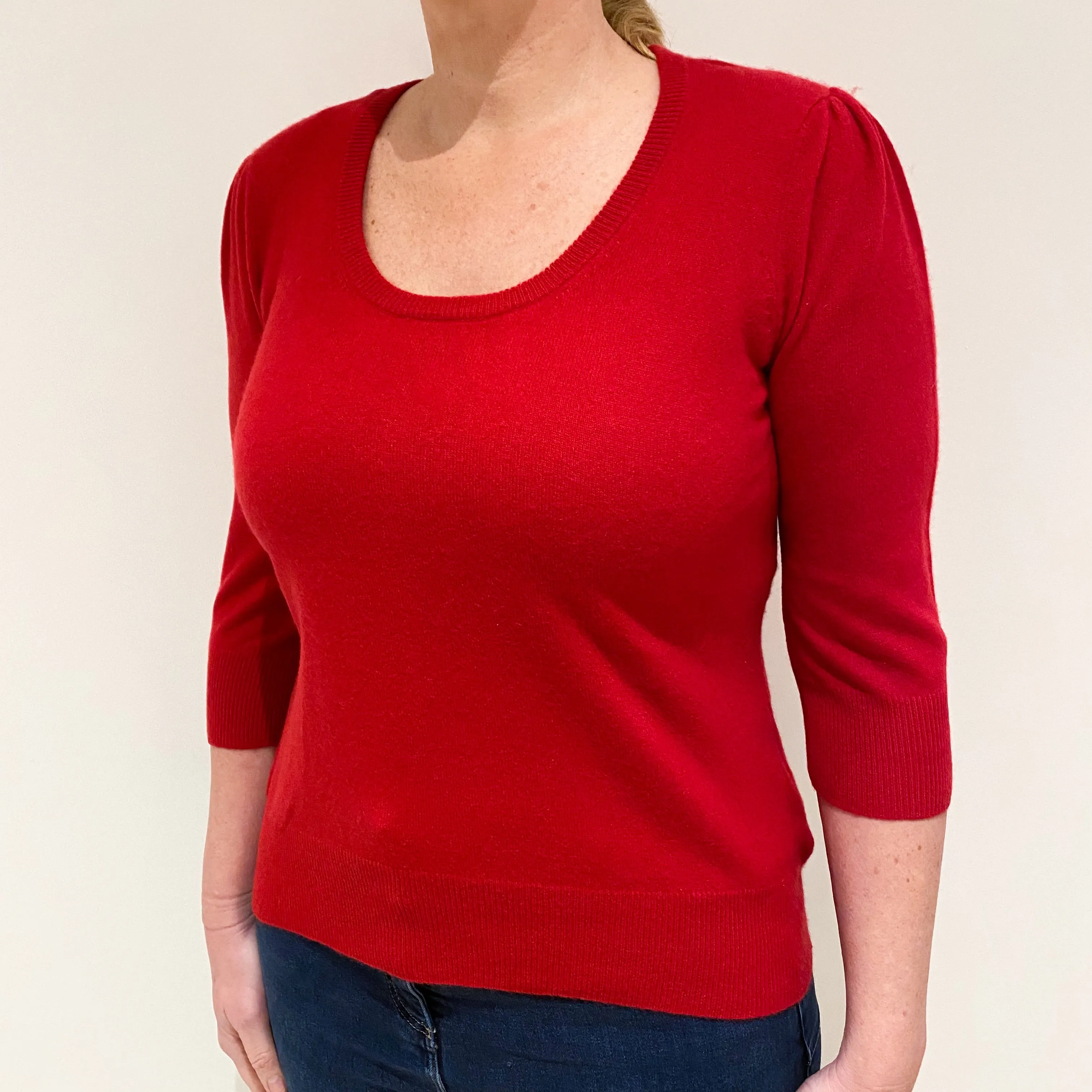 Berry Red Cashmere 3/4 Sleeve Scoop Neck Jumper Large