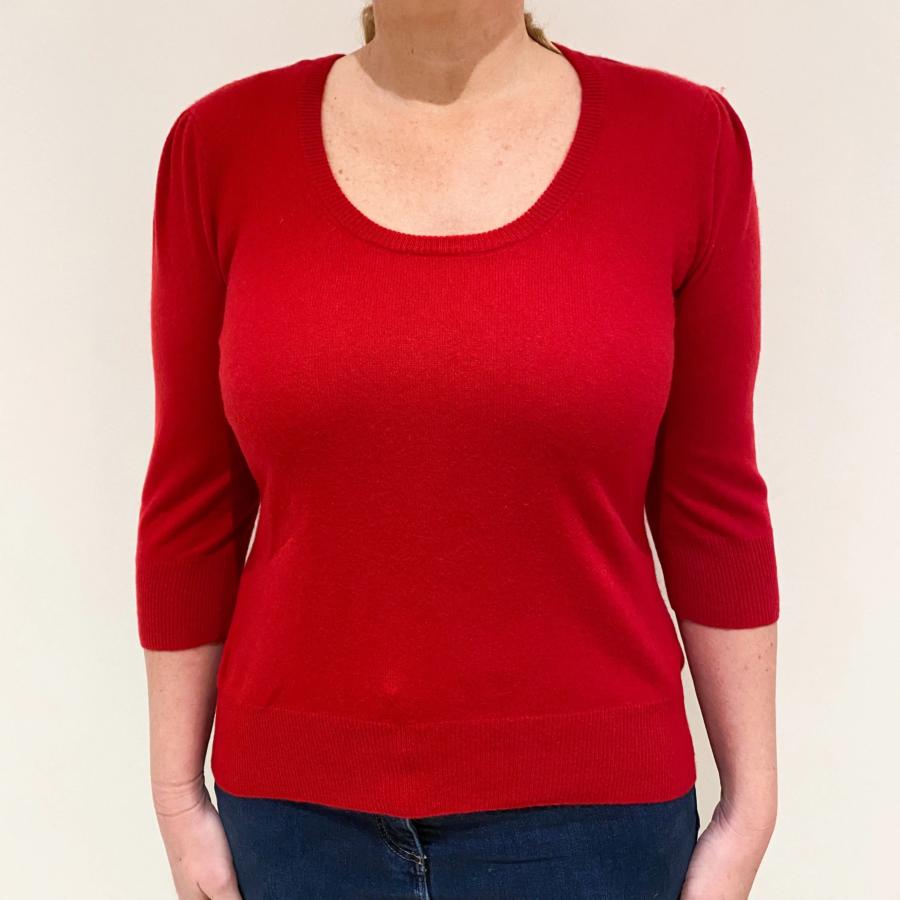 Berry Red Cashmere 3/4 Sleeve Scoop Neck Jumper Large