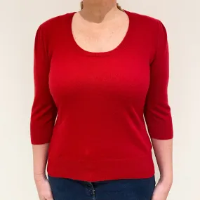 Berry Red Cashmere 3/4 Sleeve Scoop Neck Jumper Large