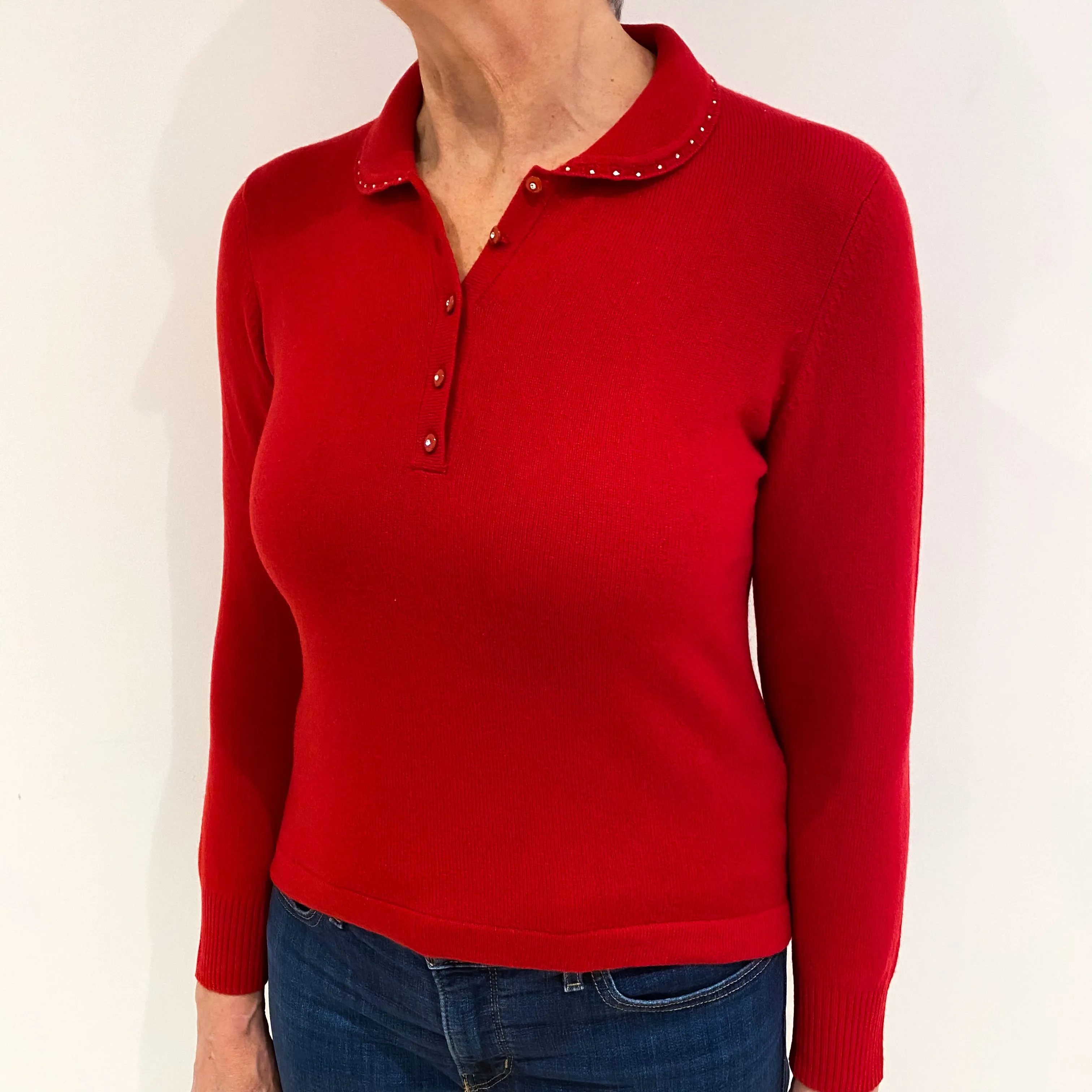 Berry Red Diamanté Cashmere 1/4 Button Jumper Medium