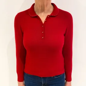 Berry Red Diamanté Cashmere 1/4 Button Jumper Medium