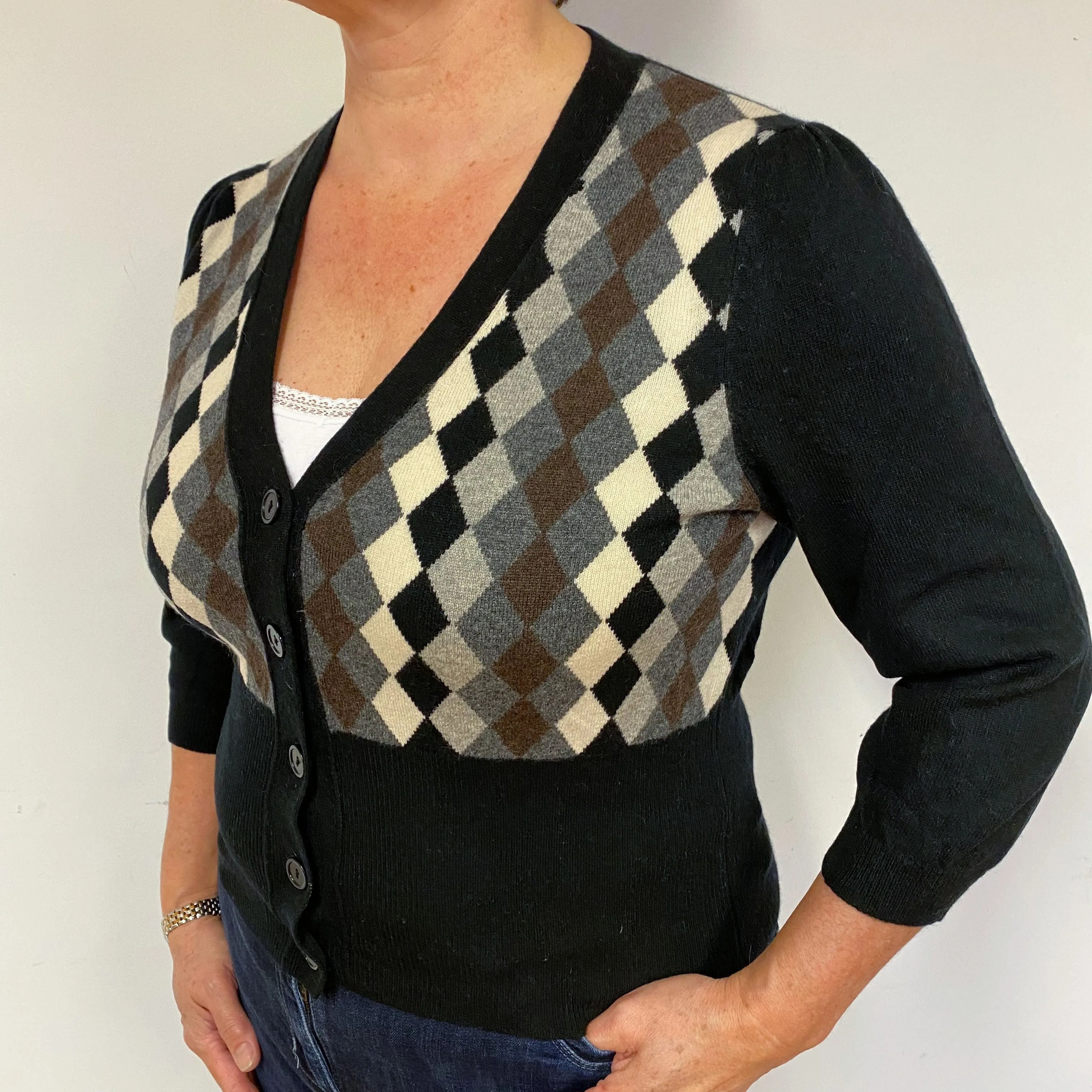 Black Grey Diamond Cashmere Cropped Cardigan Large