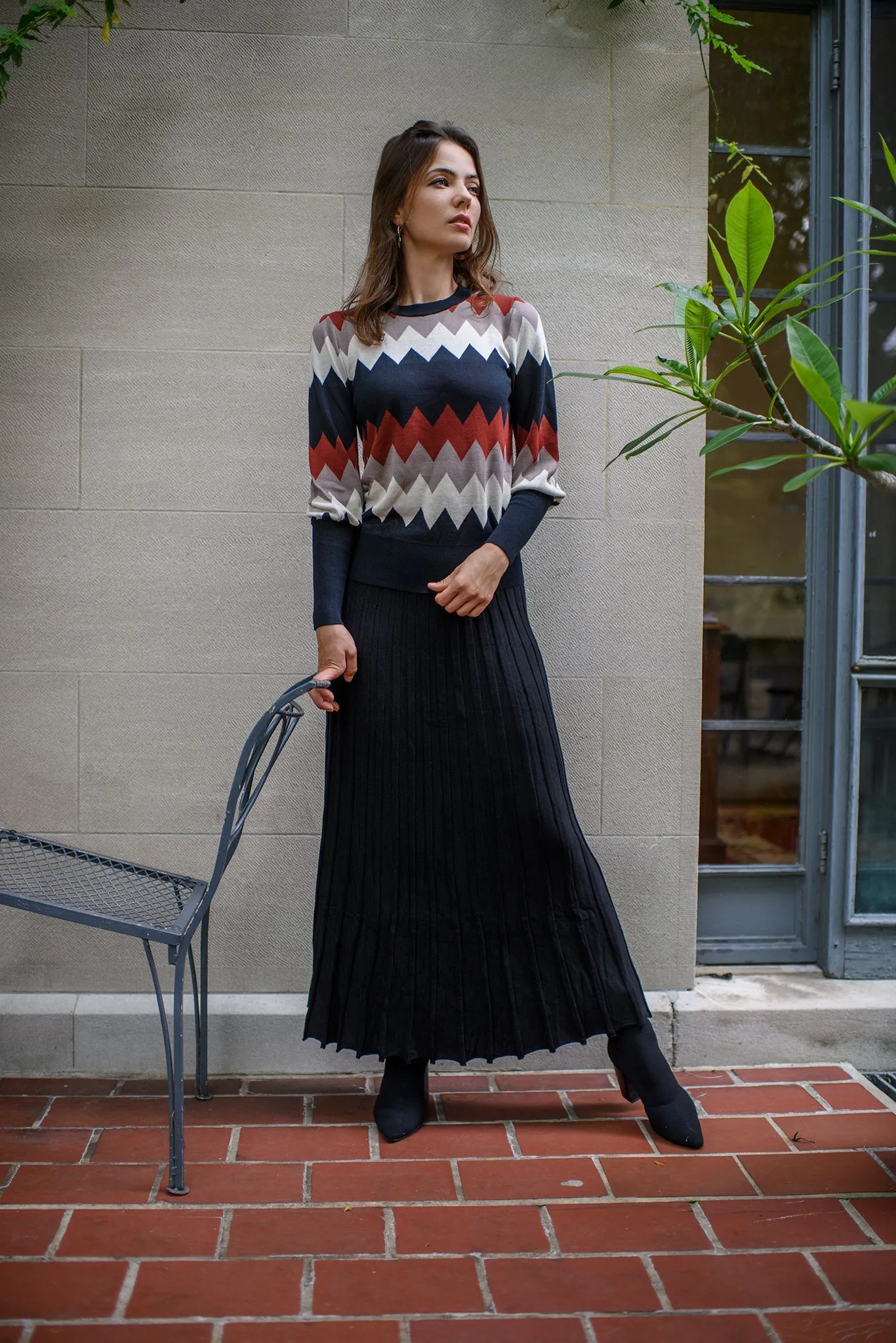 Bliss Knit Pleated Skirt Midi Tan