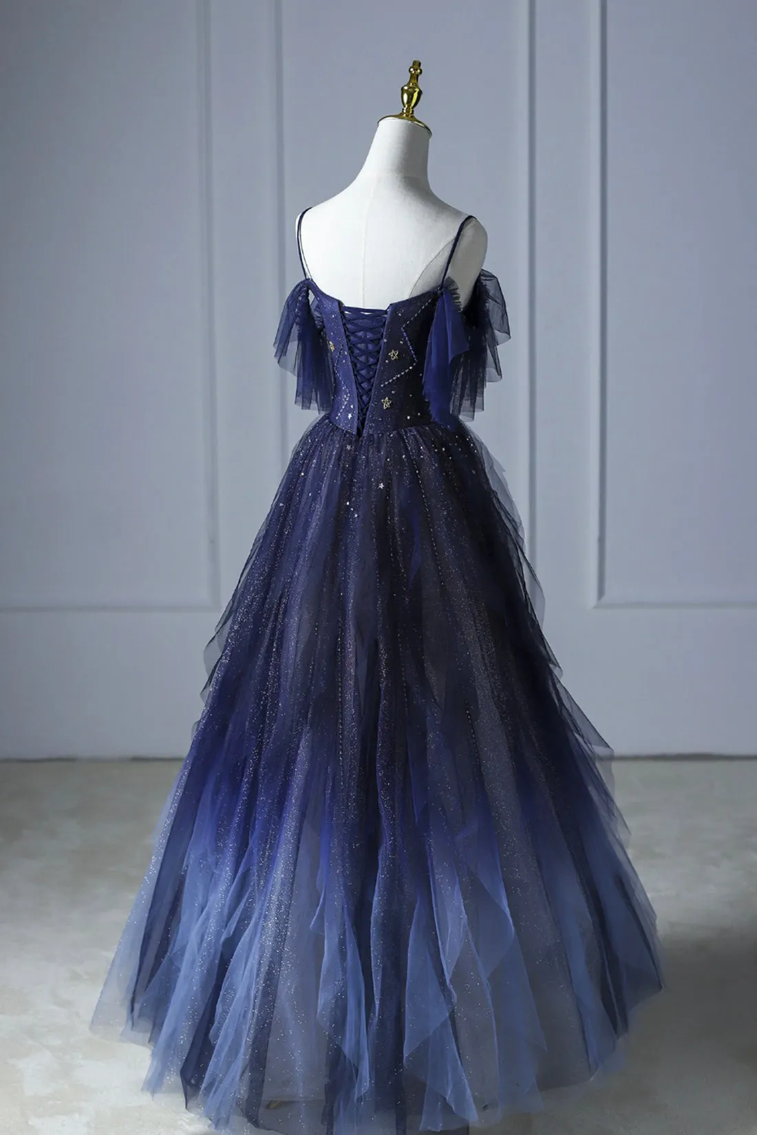 Blue Gradient Tulle Long Prom Dress, A-line Spaghetti Strap Evening Dress