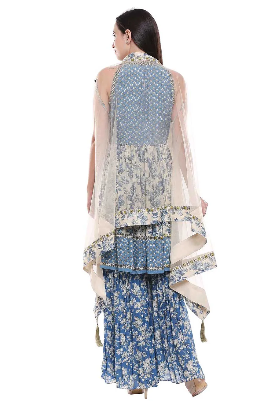 Blue Printed Sharara Set with Cape (Set of 3)