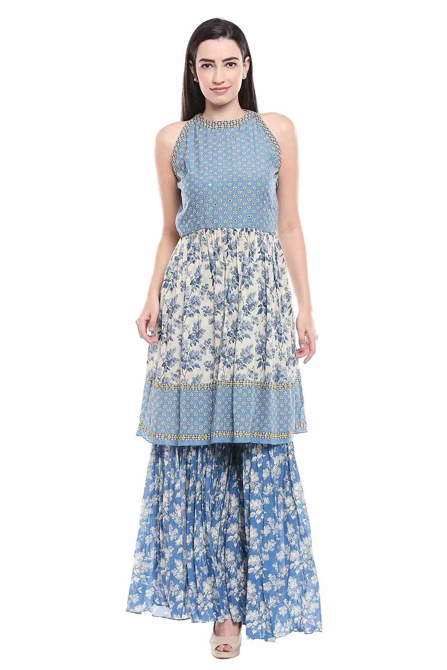Blue Printed Sharara Set with Cape (Set of 3)