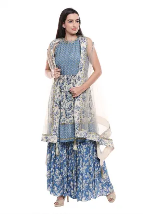 Blue Printed Sharara Set with Cape (Set of 3)
