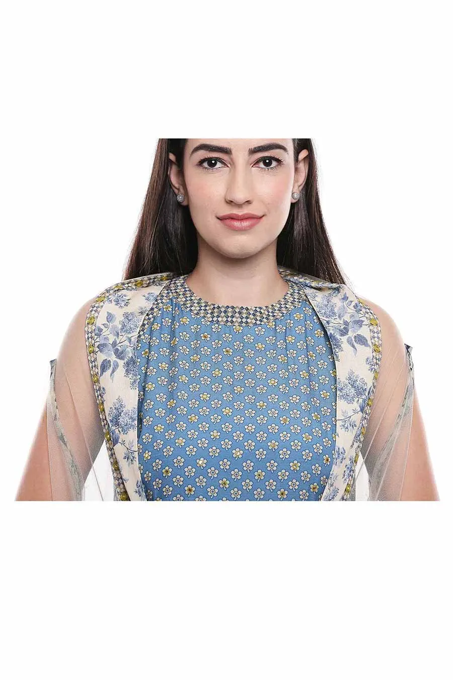 Blue Printed Sharara Set with Cape (Set of 3)