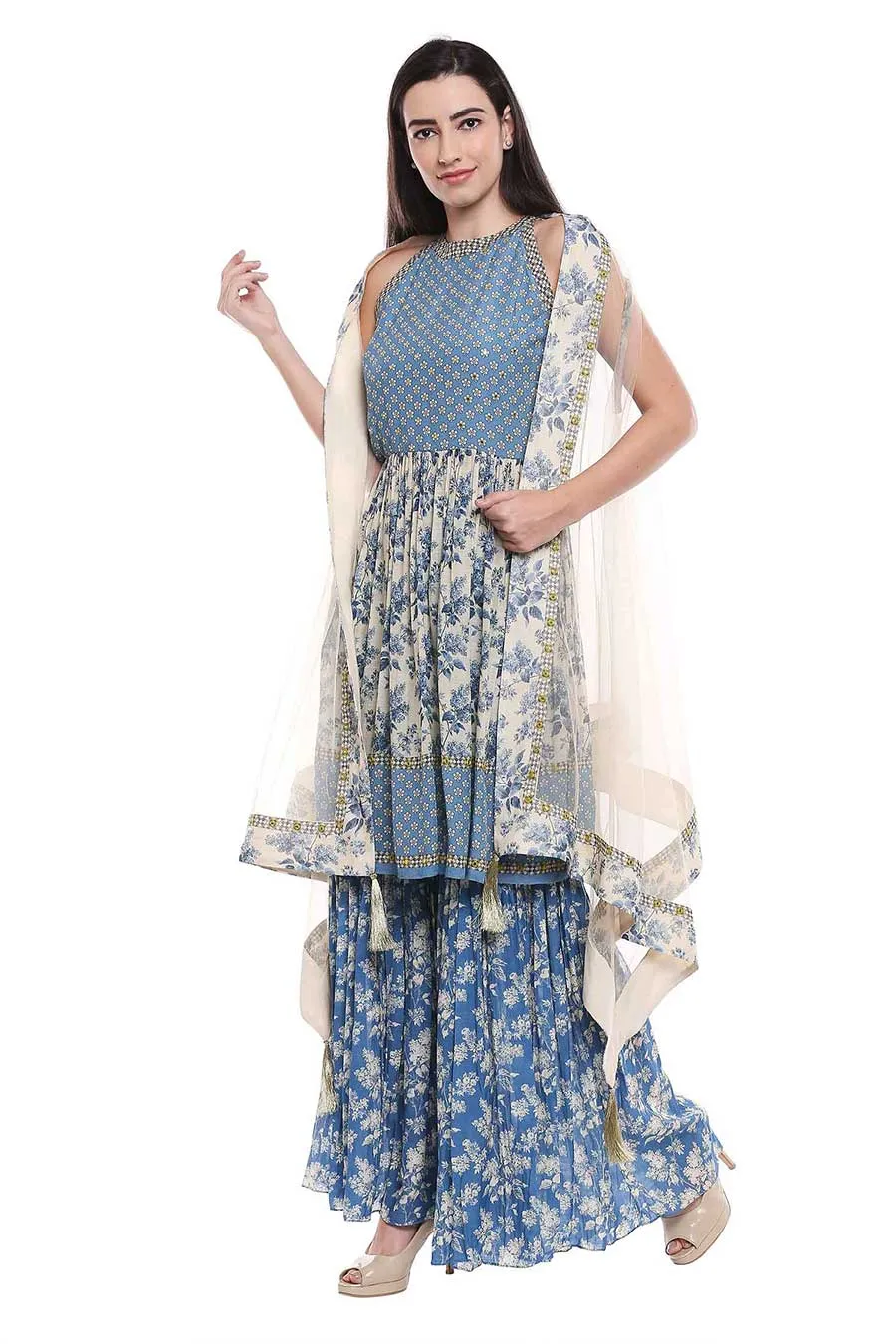 Blue Printed Sharara Set with Cape (Set of 3)