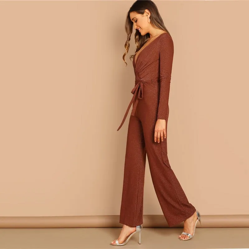Brown V neck Self Belted Wrap Jumpsuit