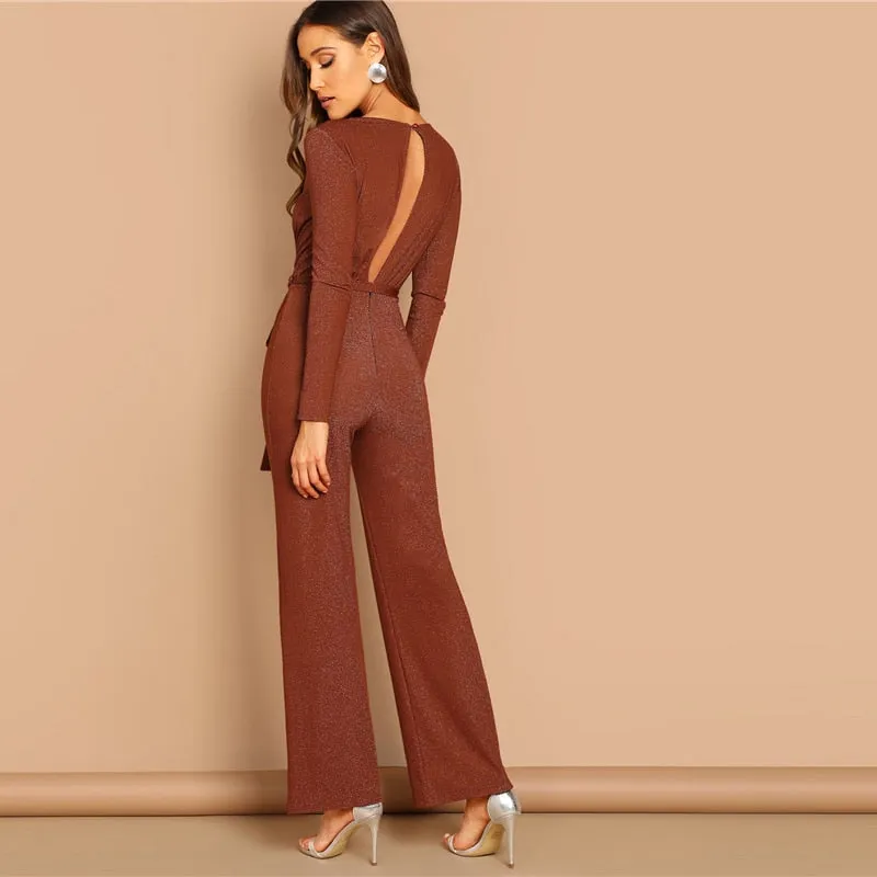 Brown V neck Self Belted Wrap Jumpsuit
