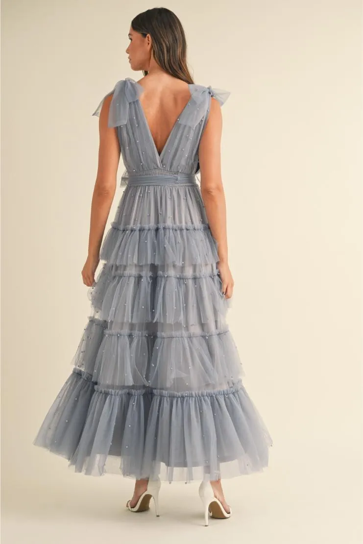 Carmella Tiered Tulle Maxi Dress - Dusty Blue