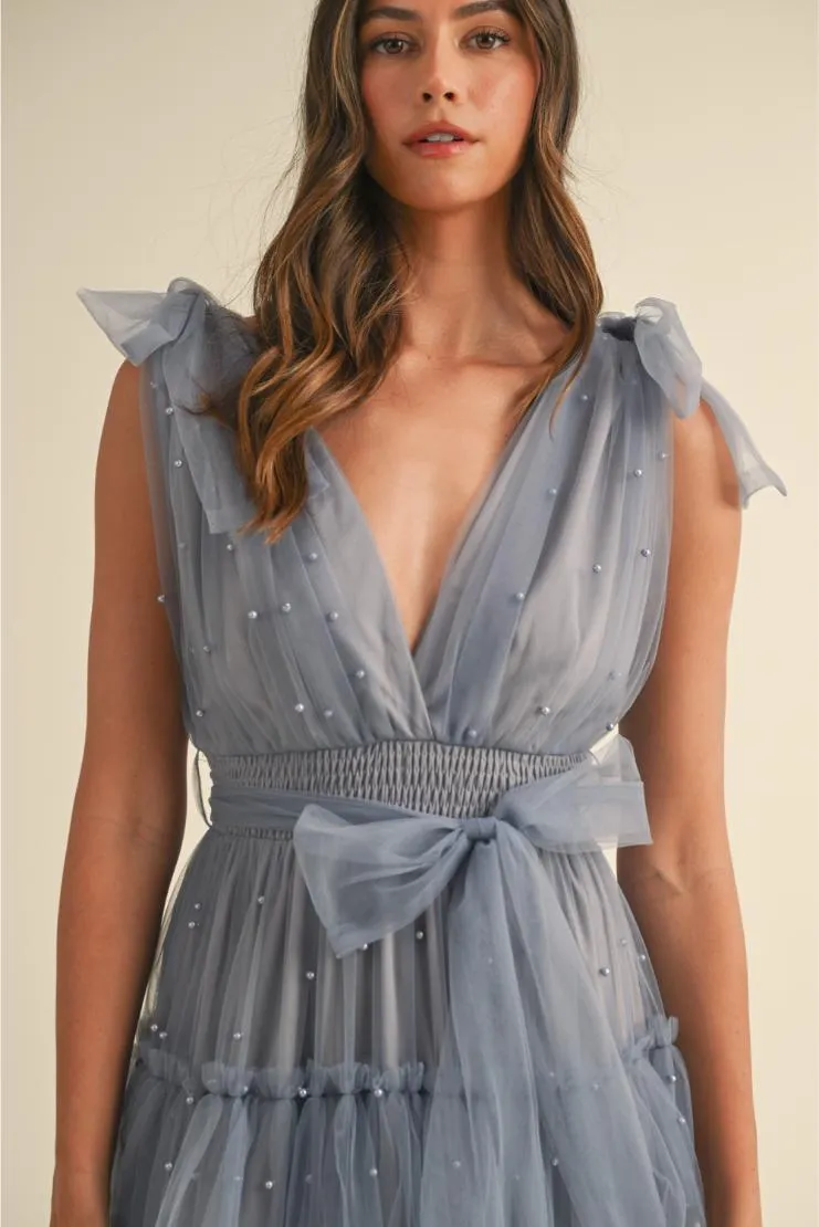 Carmella Tiered Tulle Maxi Dress - Dusty Blue