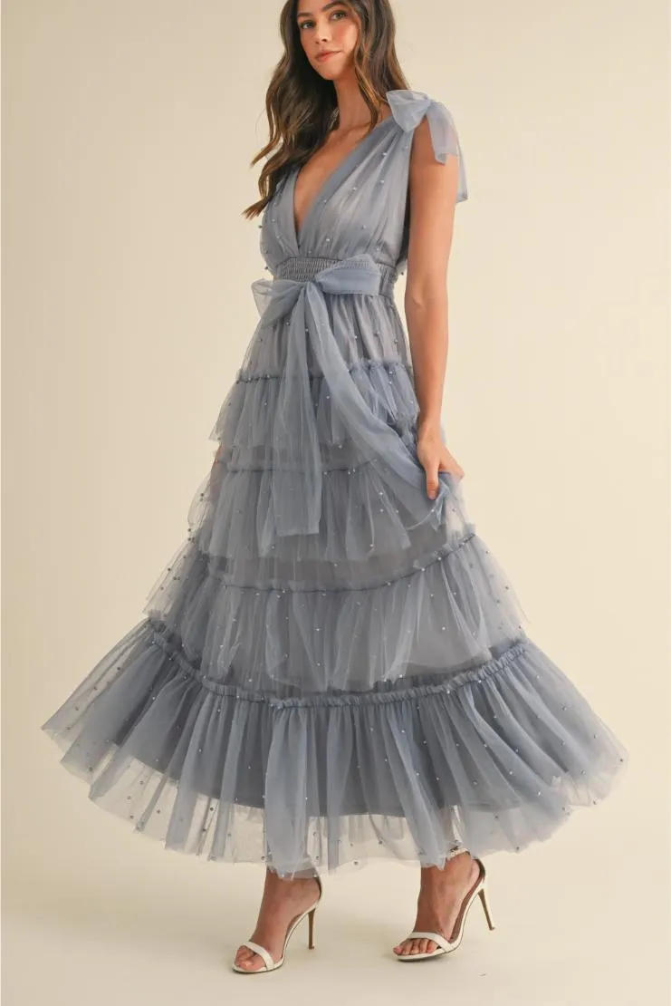 Carmella Tiered Tulle Maxi Dress - Dusty Blue