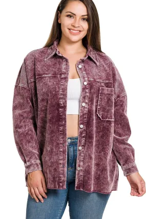 Casual Vintage Washed Corduroy Shacket - Eggplant