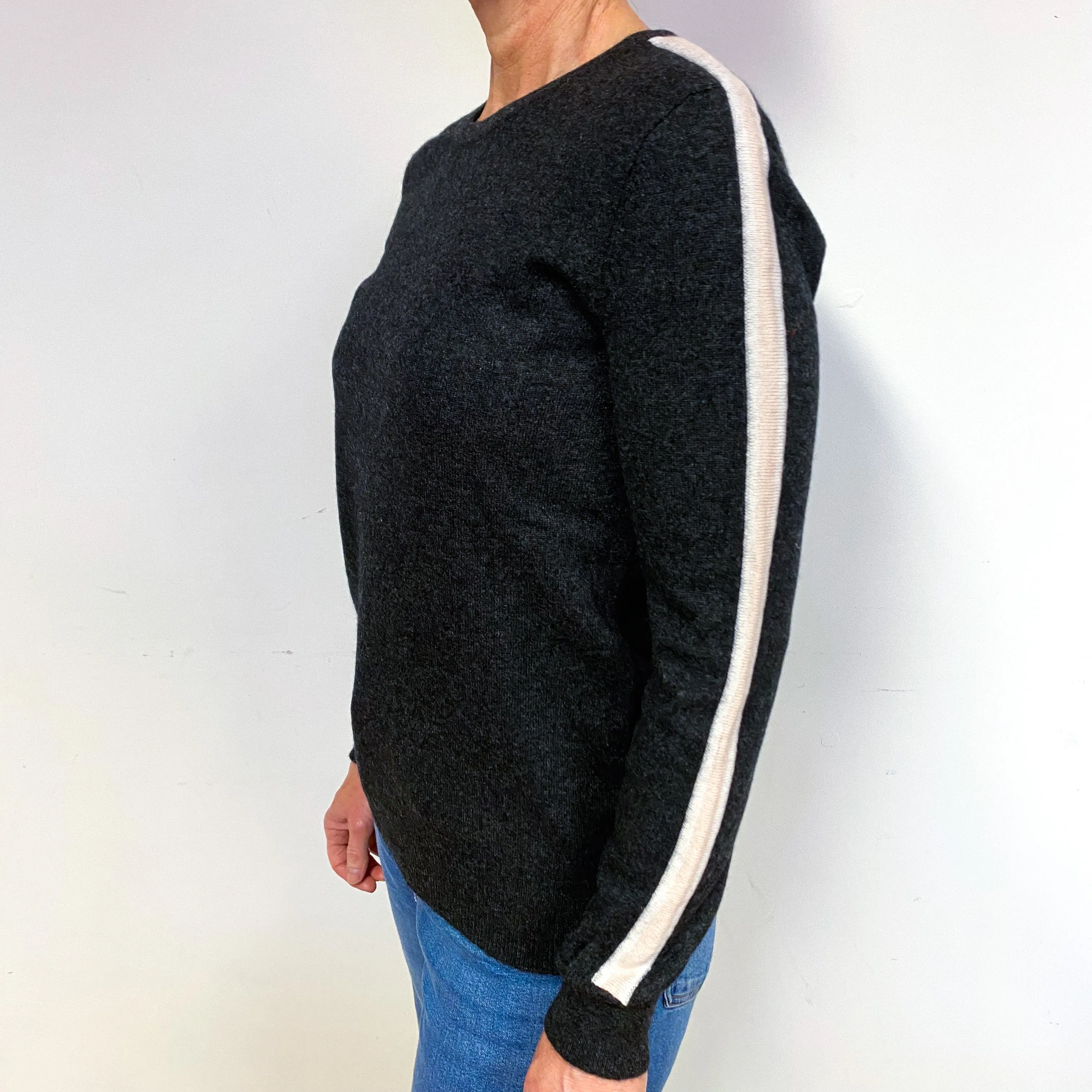 Charcoal Grey And Ice Pink Cashmere Crew Neck Jumper Medium