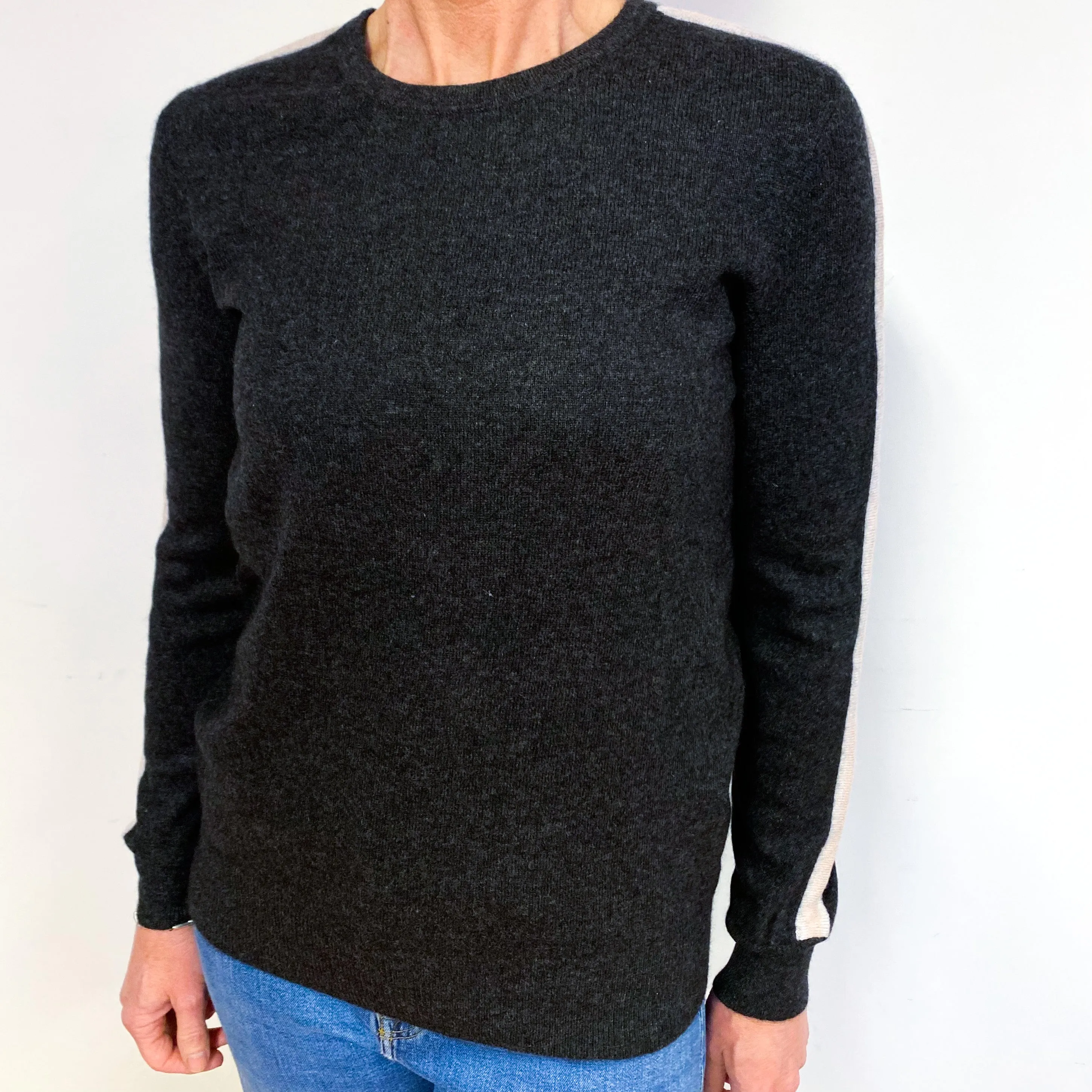 Charcoal Grey And Ice Pink Cashmere Crew Neck Jumper Medium