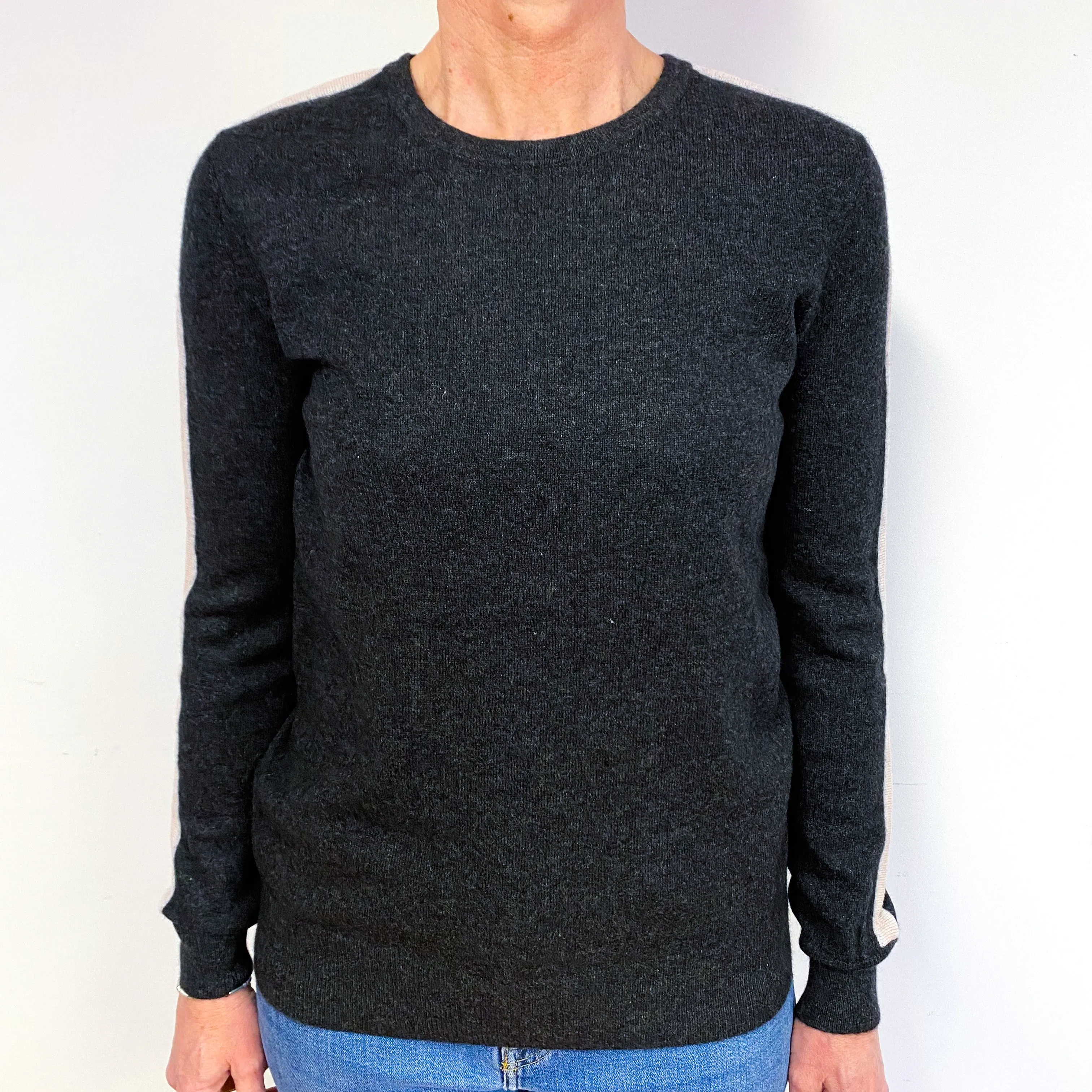 Charcoal Grey And Ice Pink Cashmere Crew Neck Jumper Medium