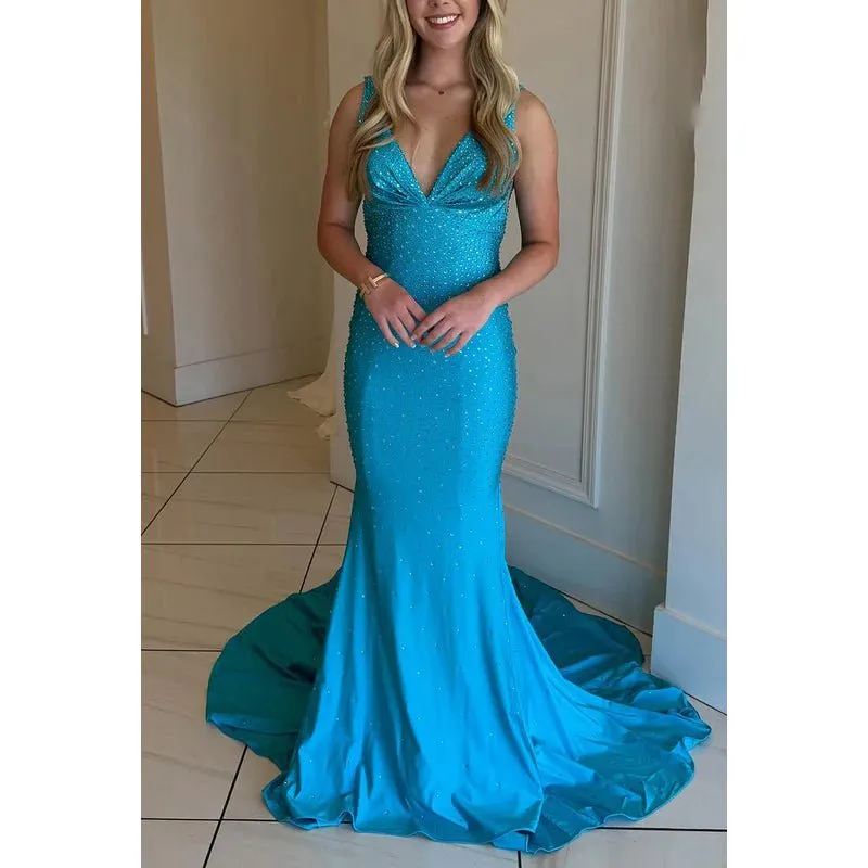 Chic & Modern V-Neck Sleeveless Mermaid Fully Beaded Evening Party Prom Dress