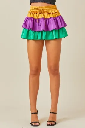 COLORBLOCK RUFFLE LAYERED MINI SKORT MARDI GRAS