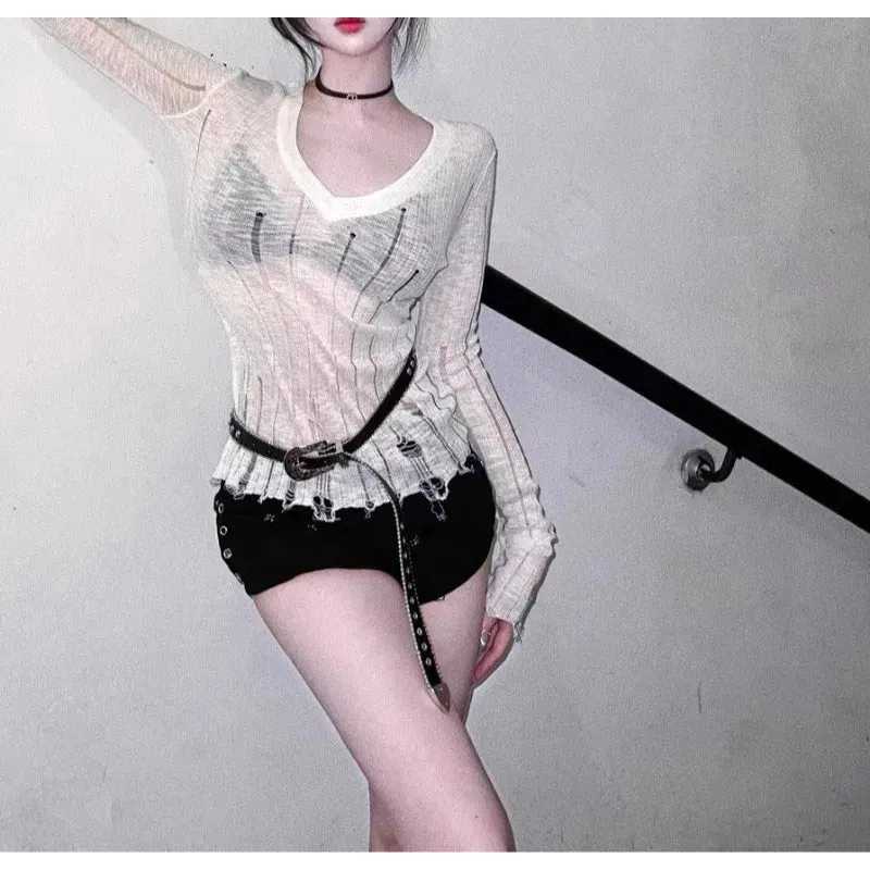 Coquett Y2K Women's Knit Sweater Hollow Out Knitwear V Neck Pullovers Spring See Through Jumper Harajuku Fashion Grunge