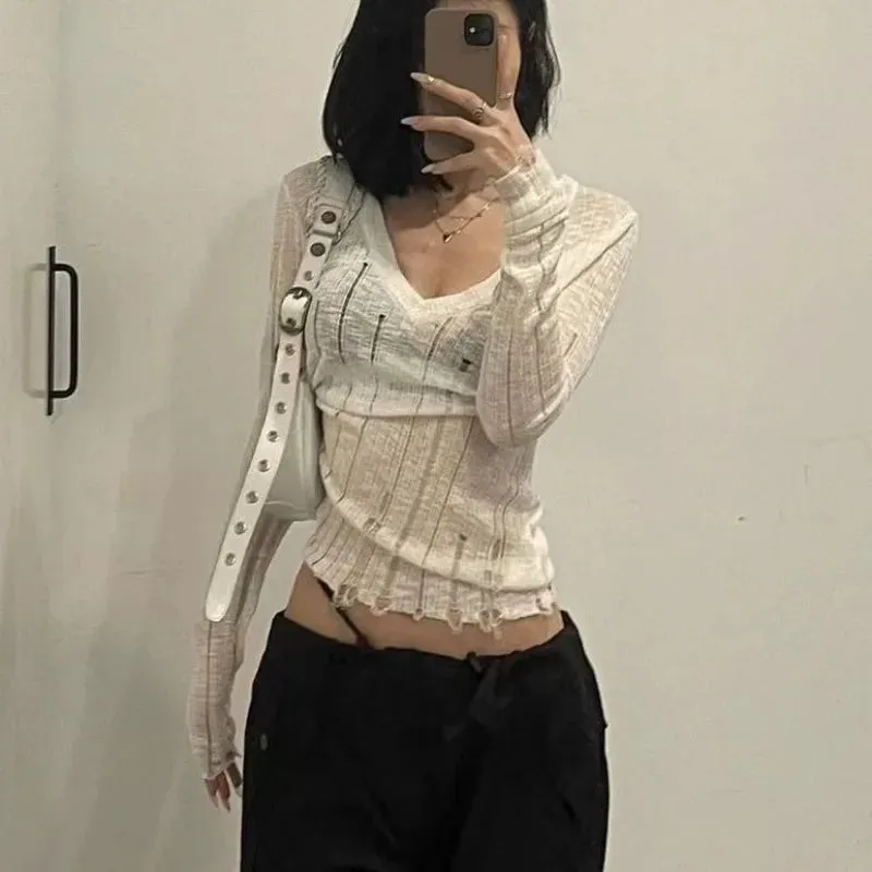Coquett Y2K Women's Knit Sweater Hollow Out Knitwear V Neck Pullovers Spring See Through Jumper Harajuku Fashion Grunge