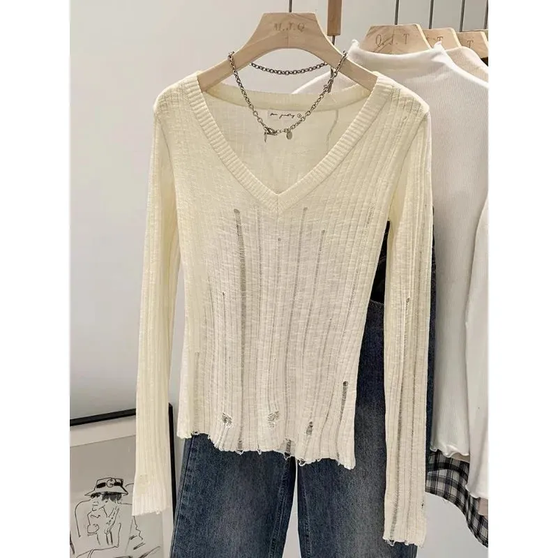 Coquett Y2K Women's Knit Sweater Hollow Out Knitwear V Neck Pullovers Spring See Through Jumper Harajuku Fashion Grunge