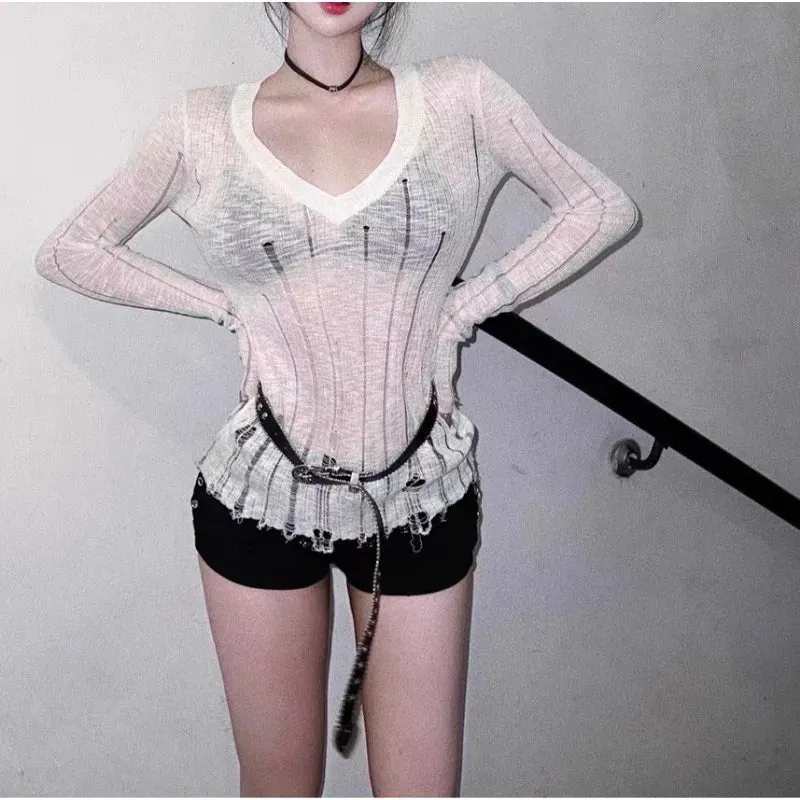 Coquett Y2K Women's Knit Sweater Hollow Out Knitwear V Neck Pullovers Spring See Through Jumper Harajuku Fashion Grunge