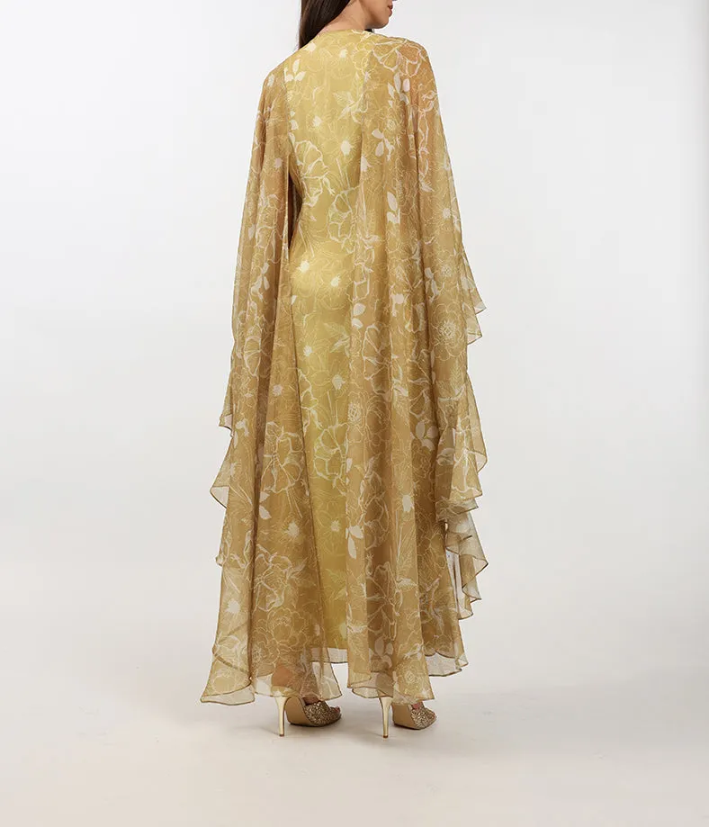 Custom Floral Linen Cape Dress With Handmade Embellishments