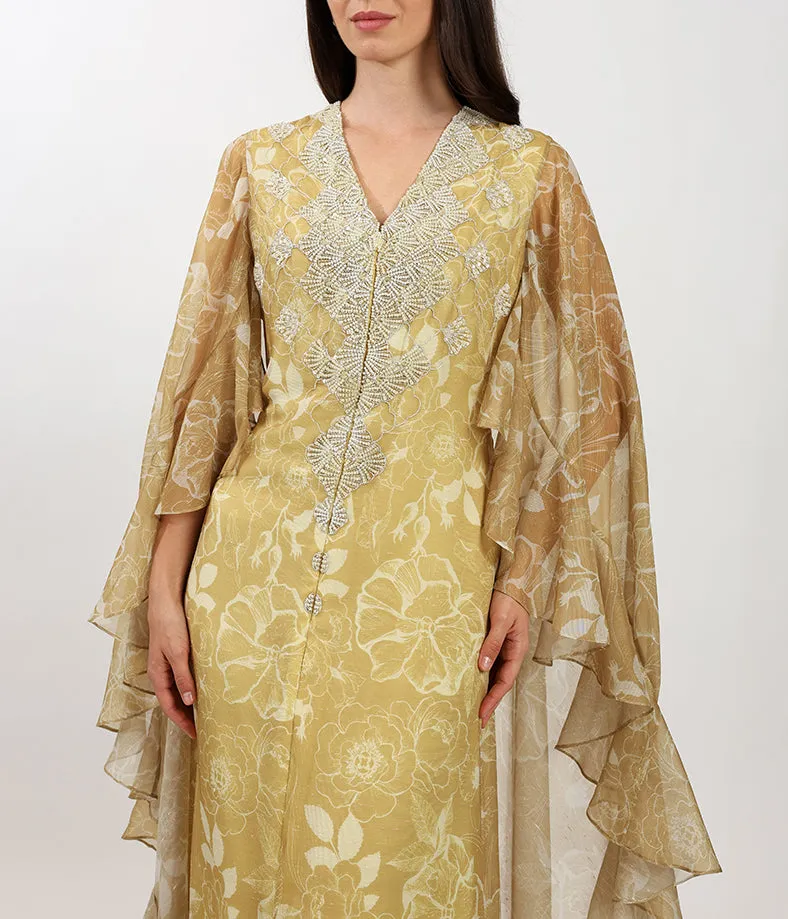 Custom Floral Linen Cape Dress With Handmade Embellishments