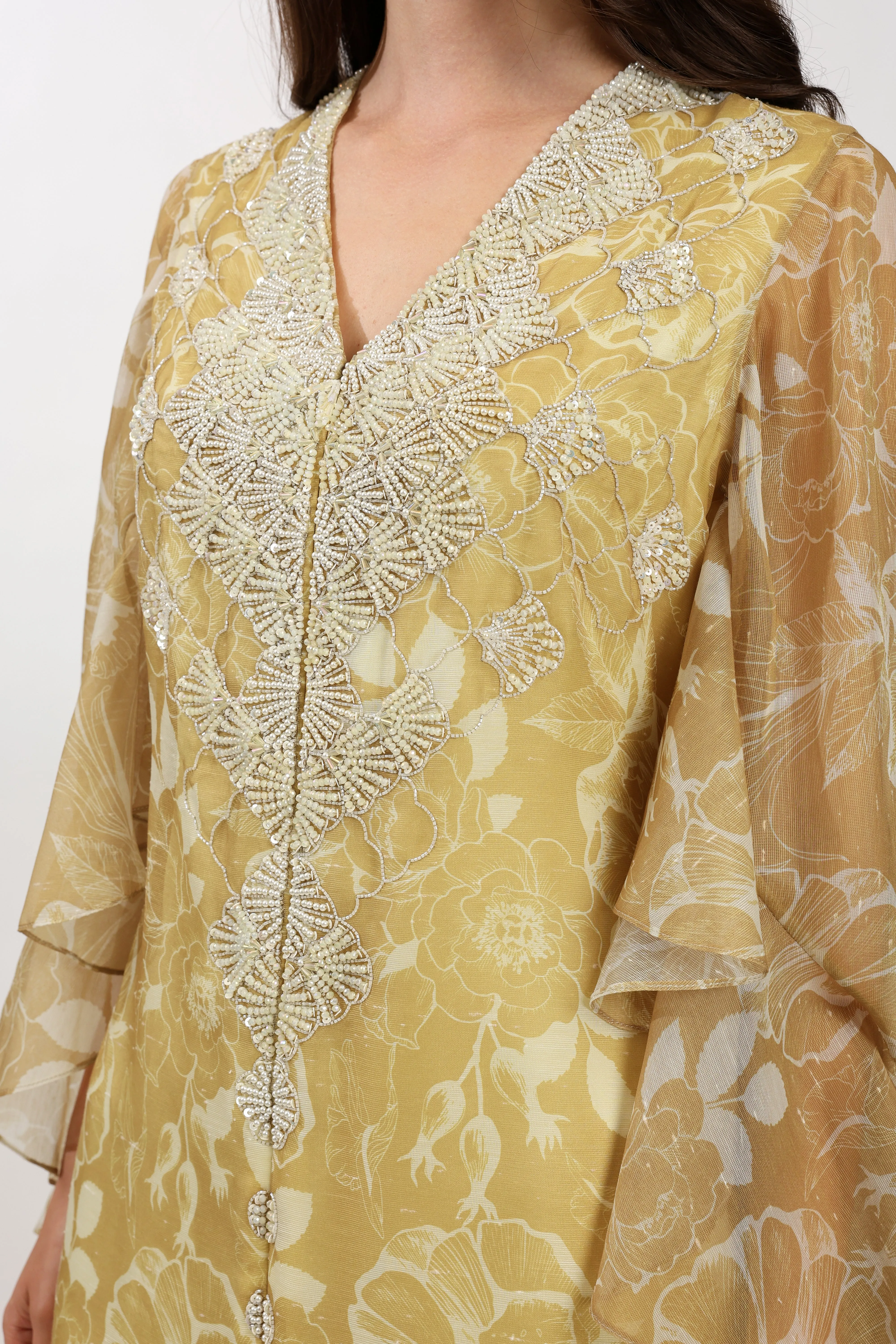 Custom Floral Linen Cape Dress With Handmade Embellishments