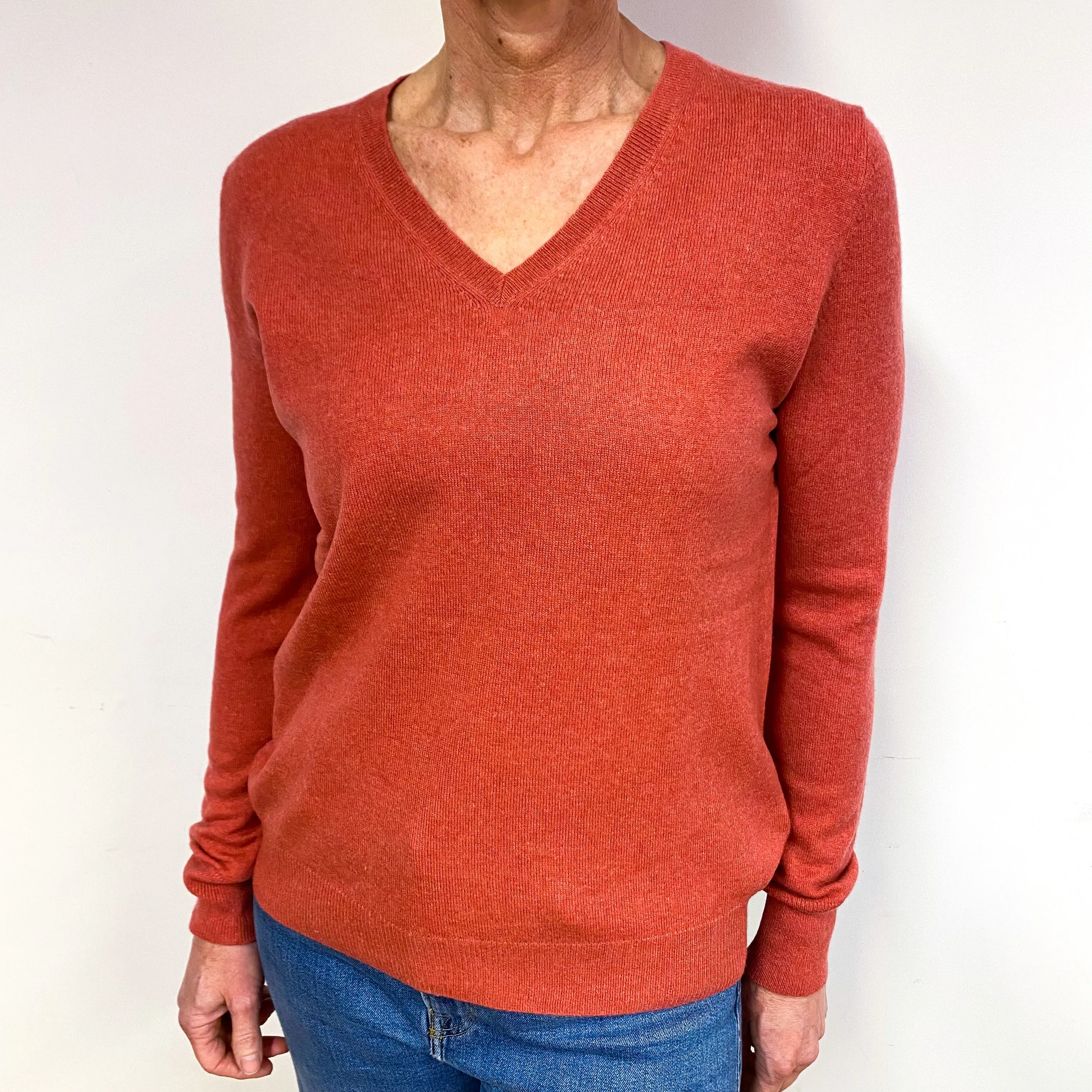 Dark Salmon Pink Cashmere V-Neck Jumper Medium