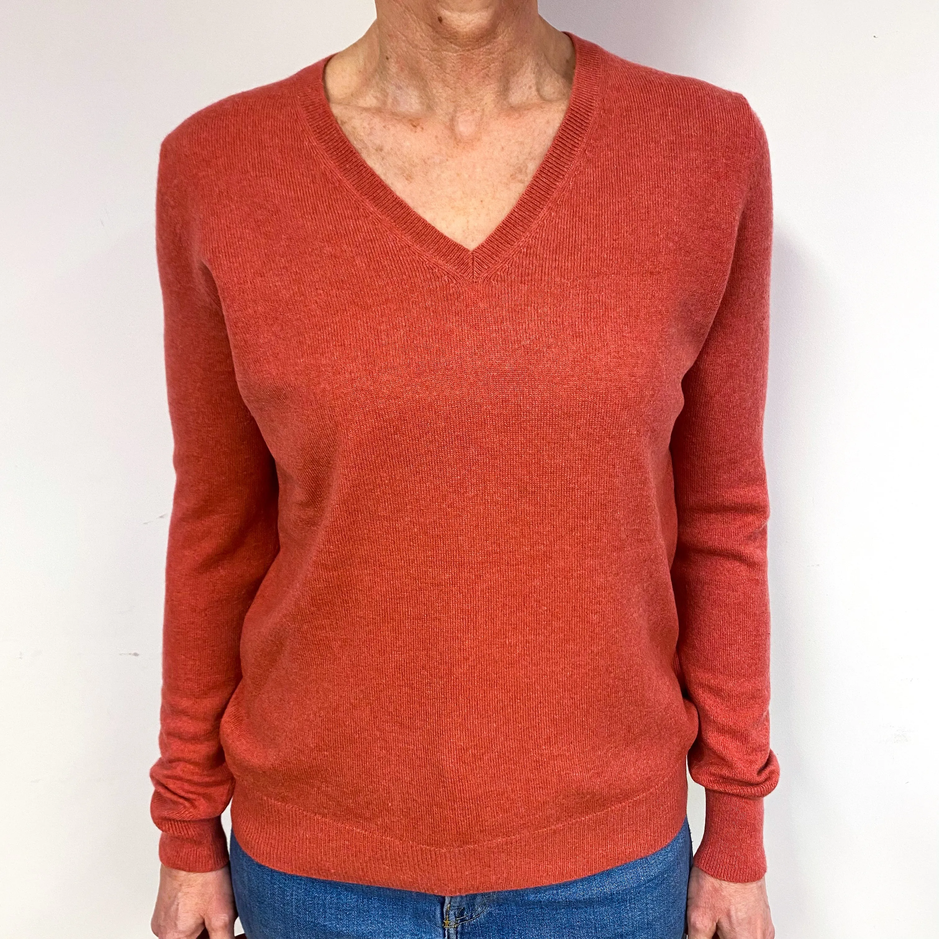 Dark Salmon Pink Cashmere V-Neck Jumper Medium