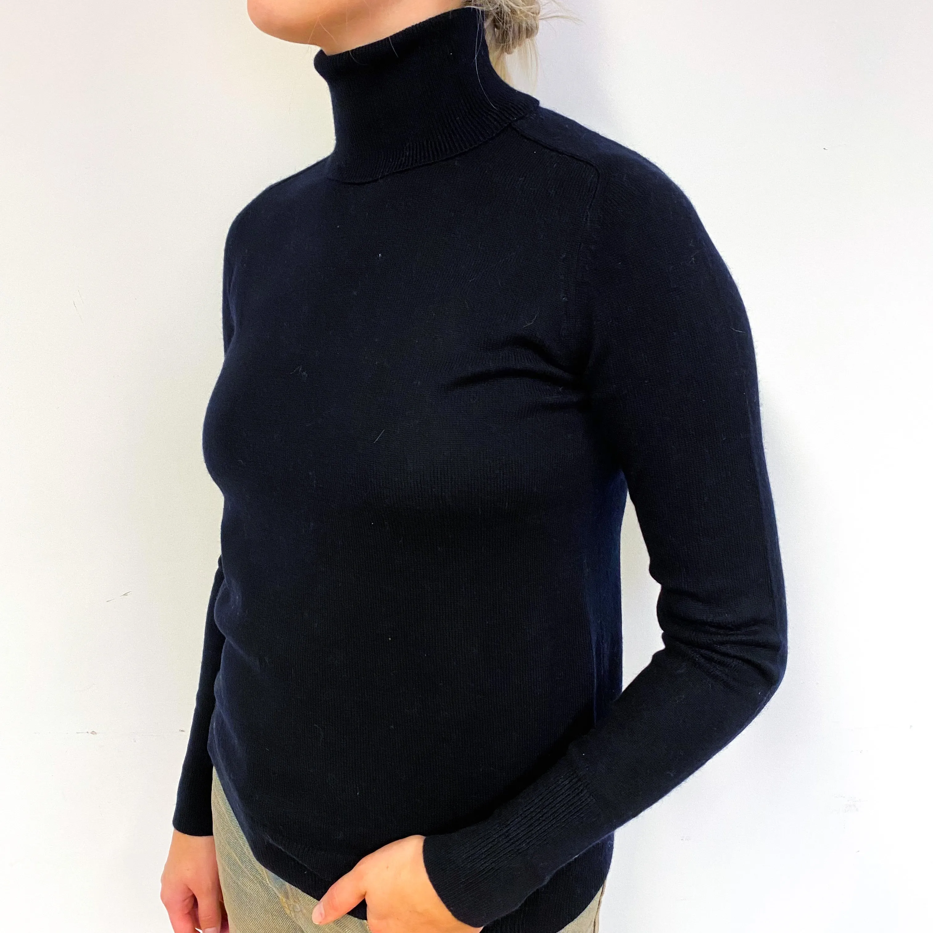 Darkest Navy Blue Cashmere Polo Neck Jumper Small