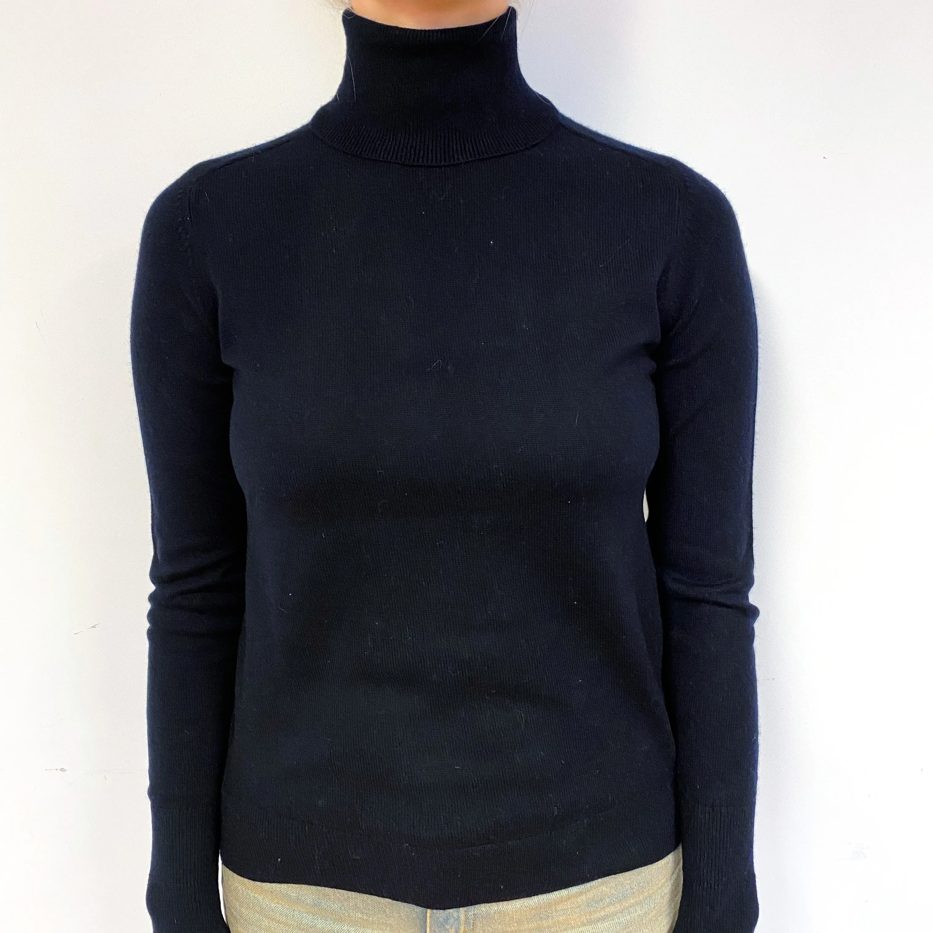 Darkest Navy Blue Cashmere Polo Neck Jumper Small