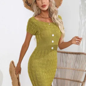 Decorative Button Round Neck Short Sleeve Sweater Dress