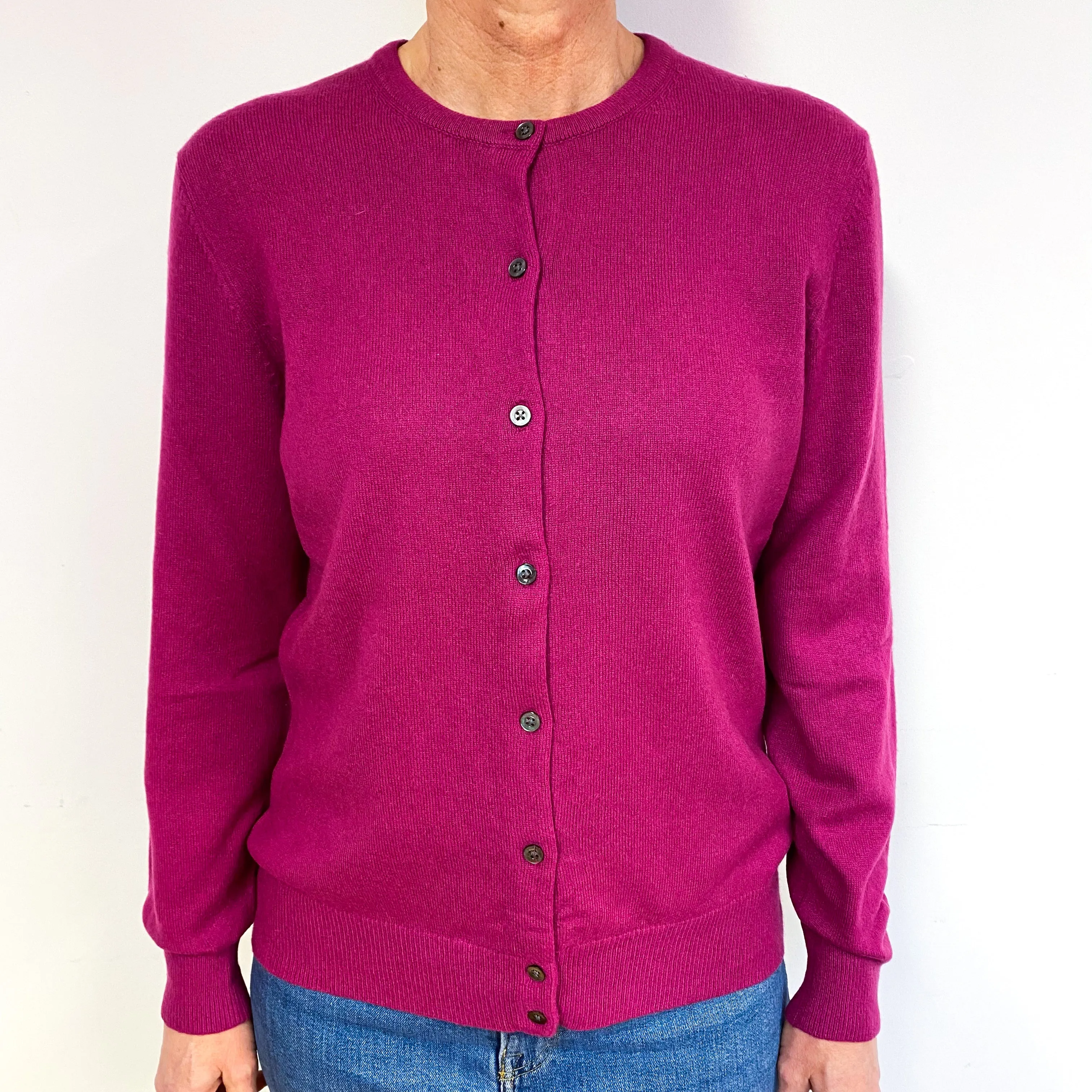 Deep Magenta Pink Cashmere Crew Neck Cardigan Medium