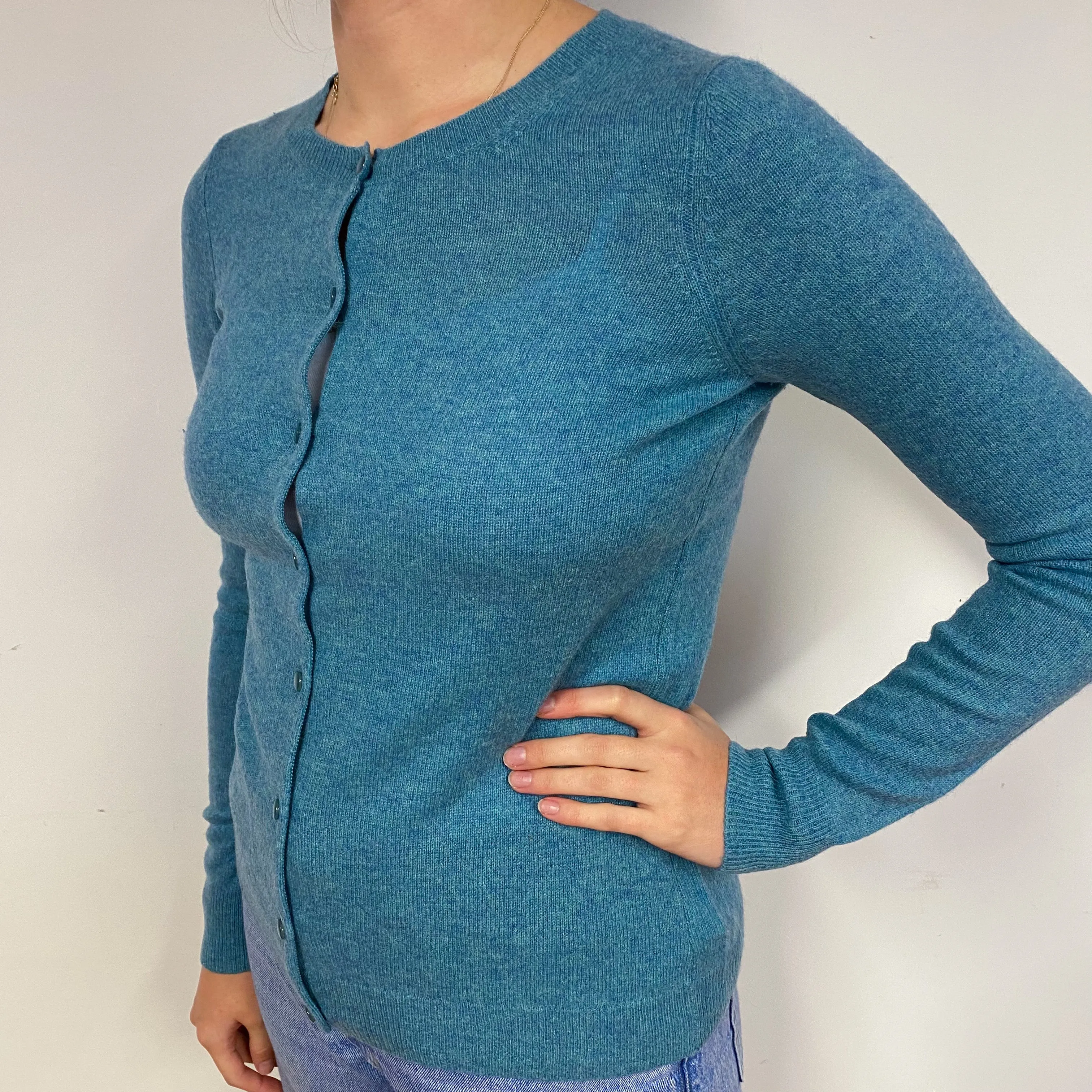 Deep Opal Green Cashmere Crew Neck Cardigan Small