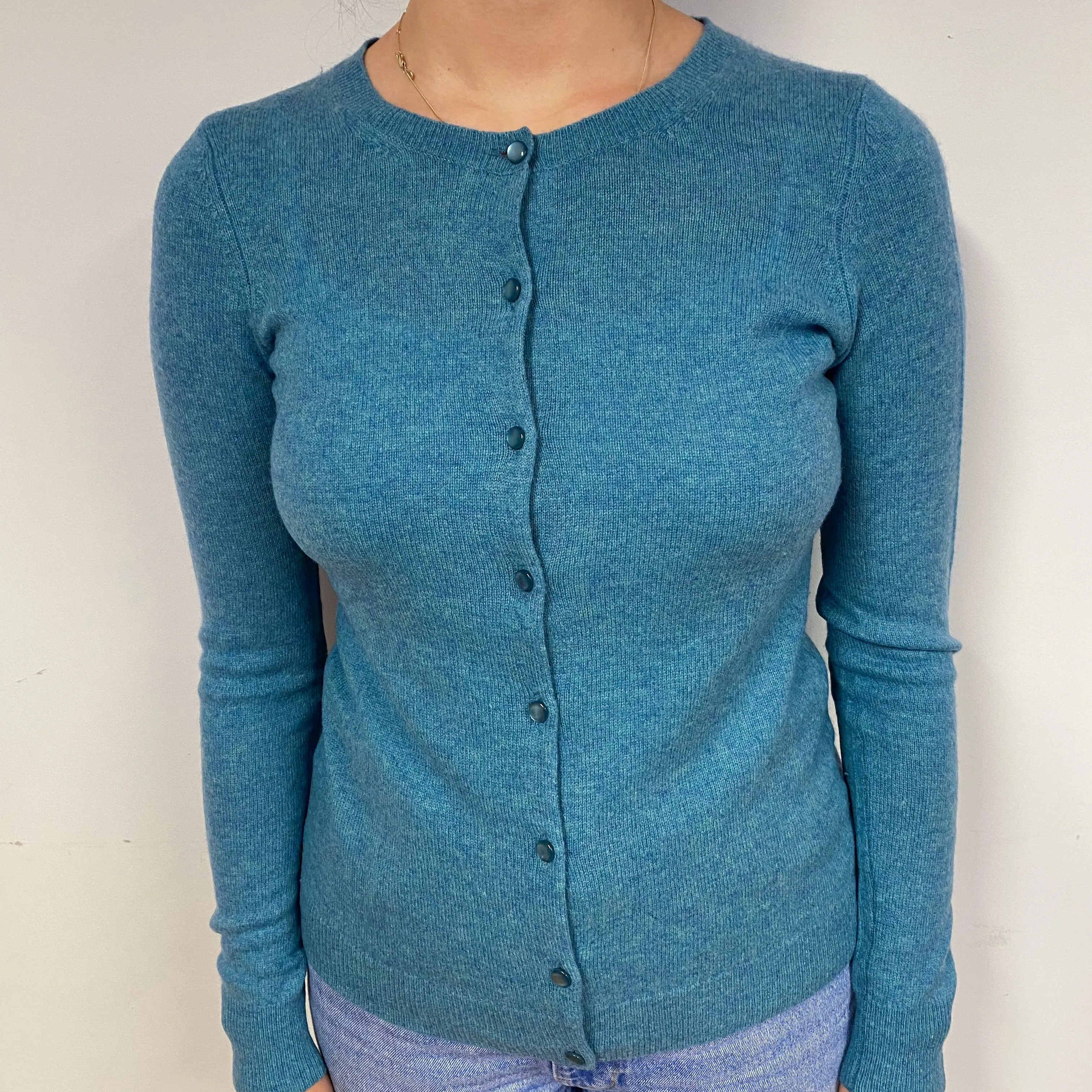 Deep Opal Green Cashmere Crew Neck Cardigan Small