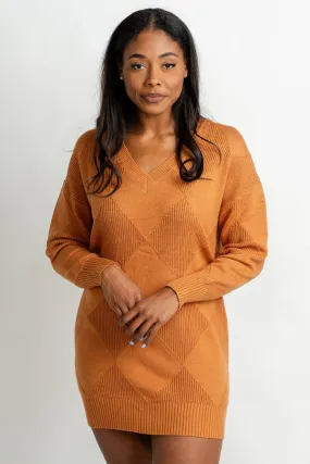 Diamond print sweater dress rust