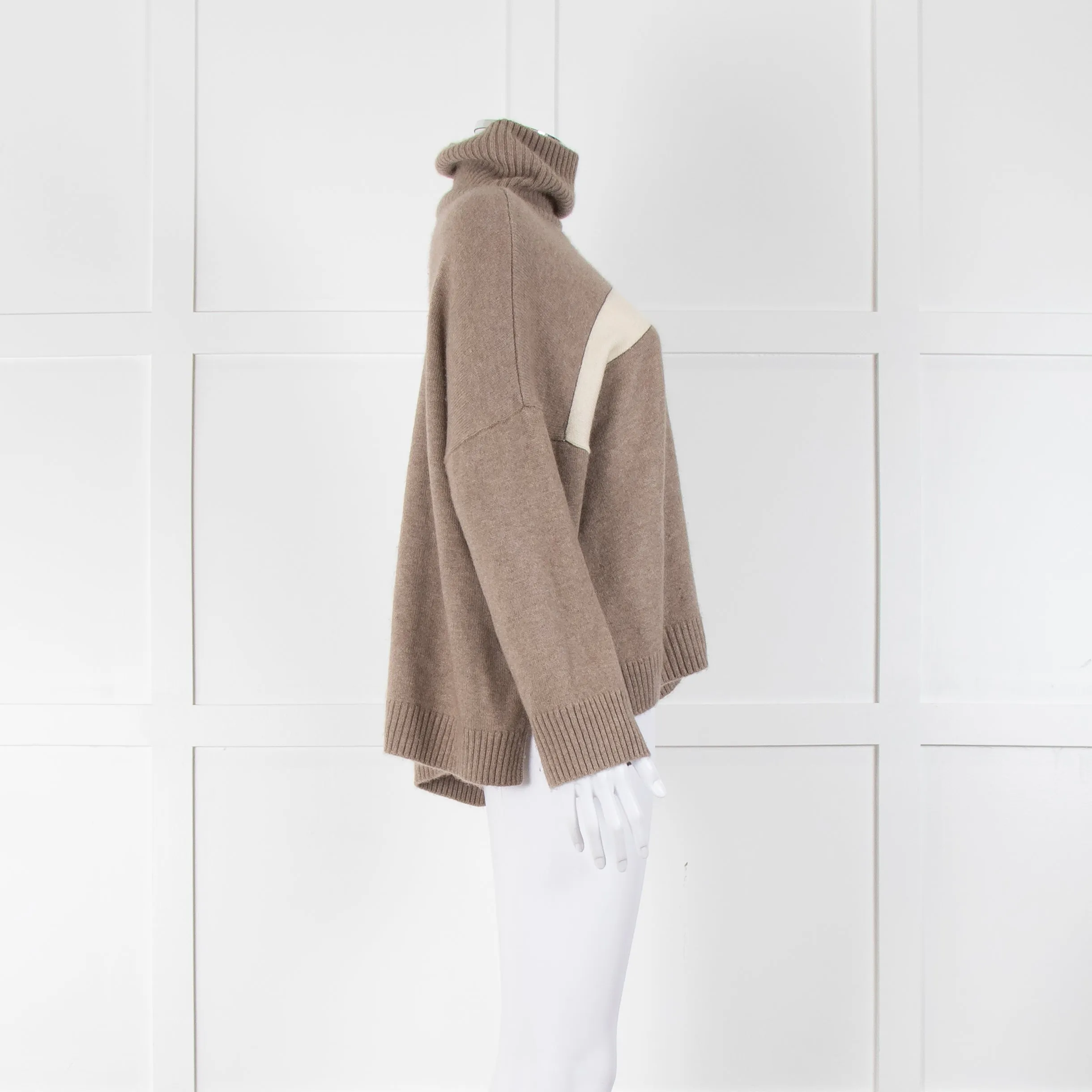 Divine Cashmere Beige Cream Stripe Chain Detail Oversized Roll Neck Jumper