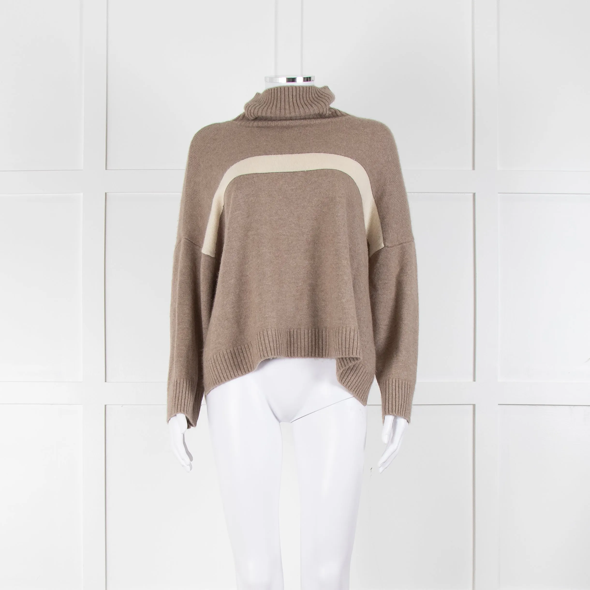 Divine Cashmere Beige Cream Stripe Chain Detail Oversized Roll Neck Jumper