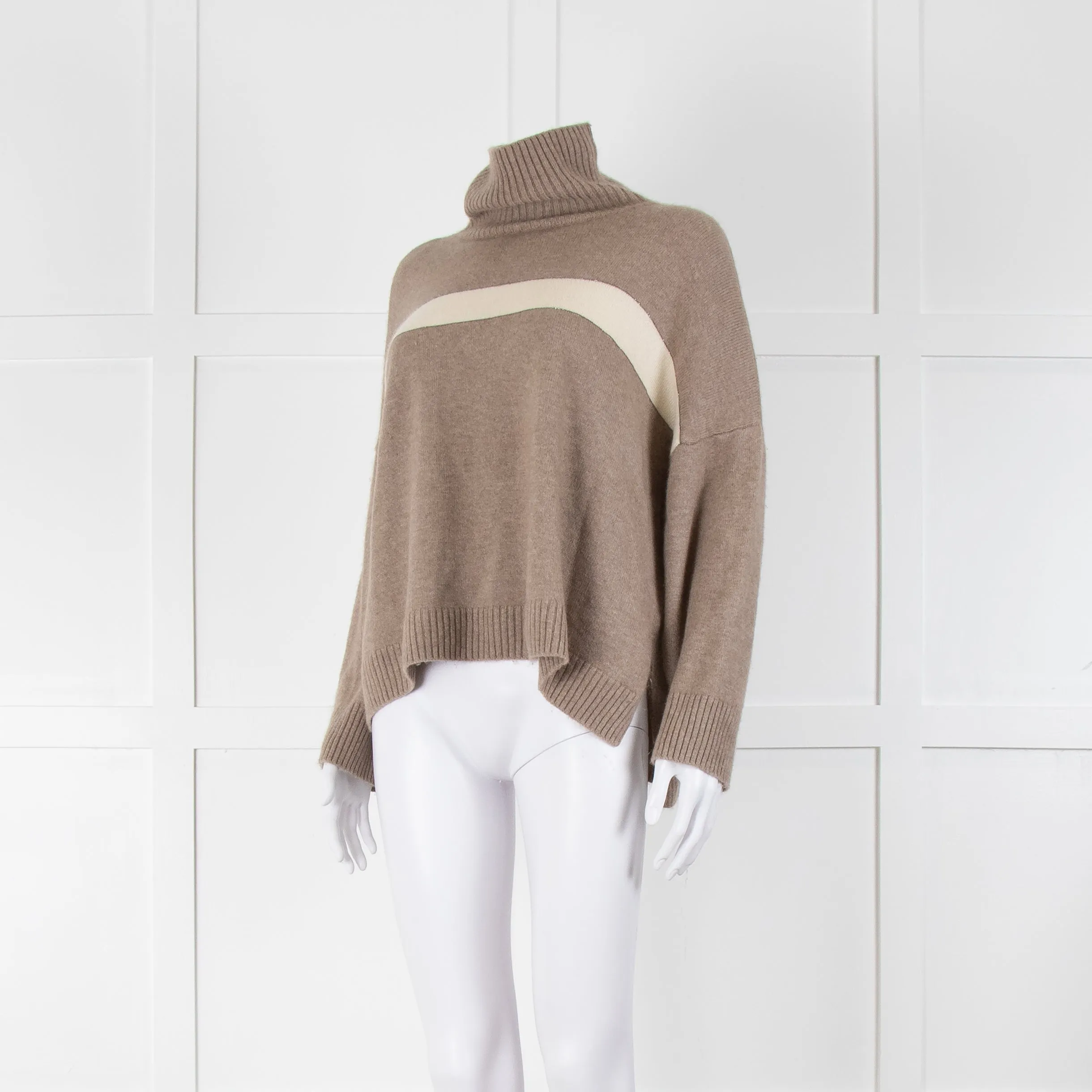 Divine Cashmere Beige Cream Stripe Chain Detail Oversized Roll Neck Jumper